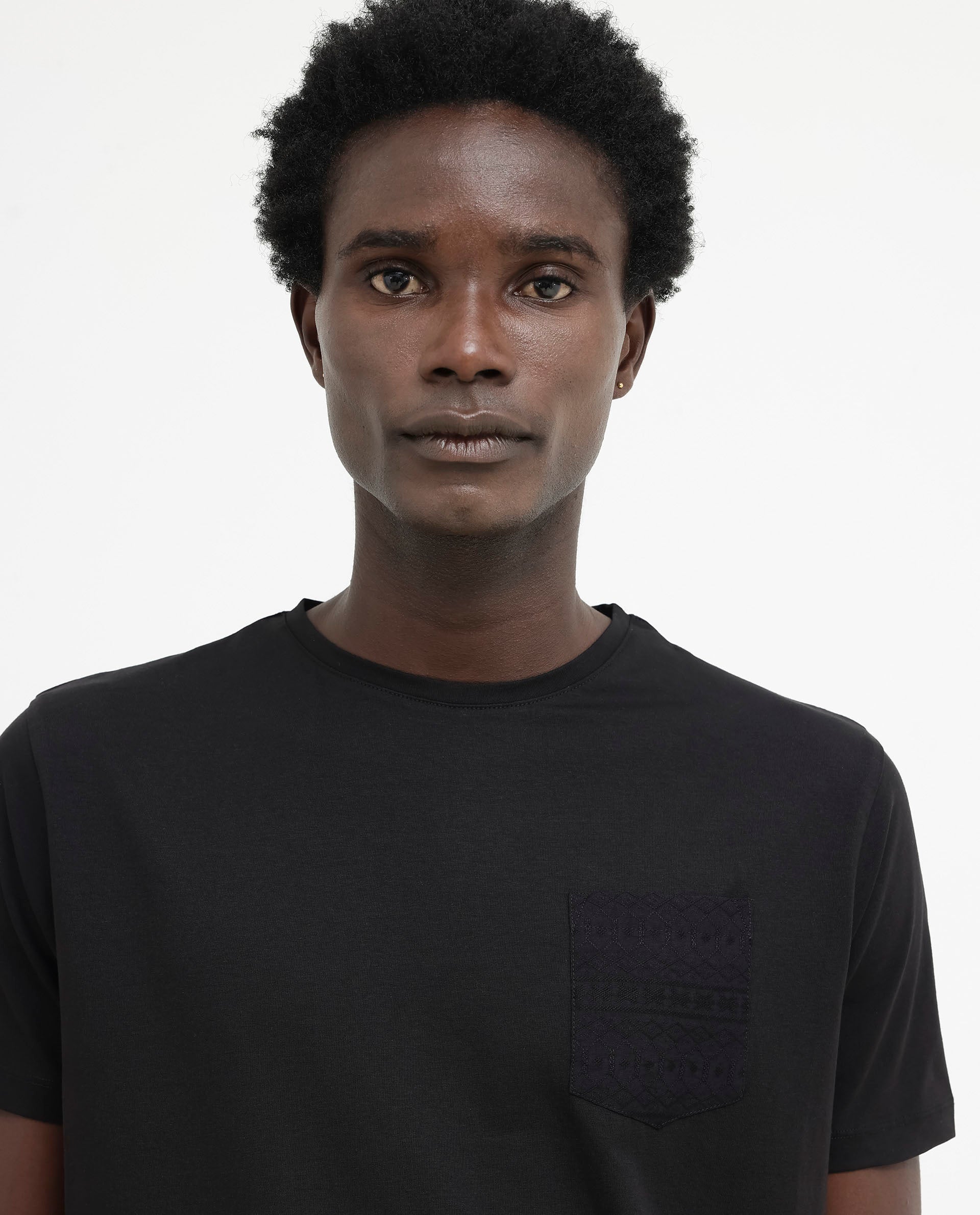 Rare Rabbit Men's Ammos Black Cotton Lycra Fabric Half Sleeves Embroidered Chest Pocket Solid T-Shirt