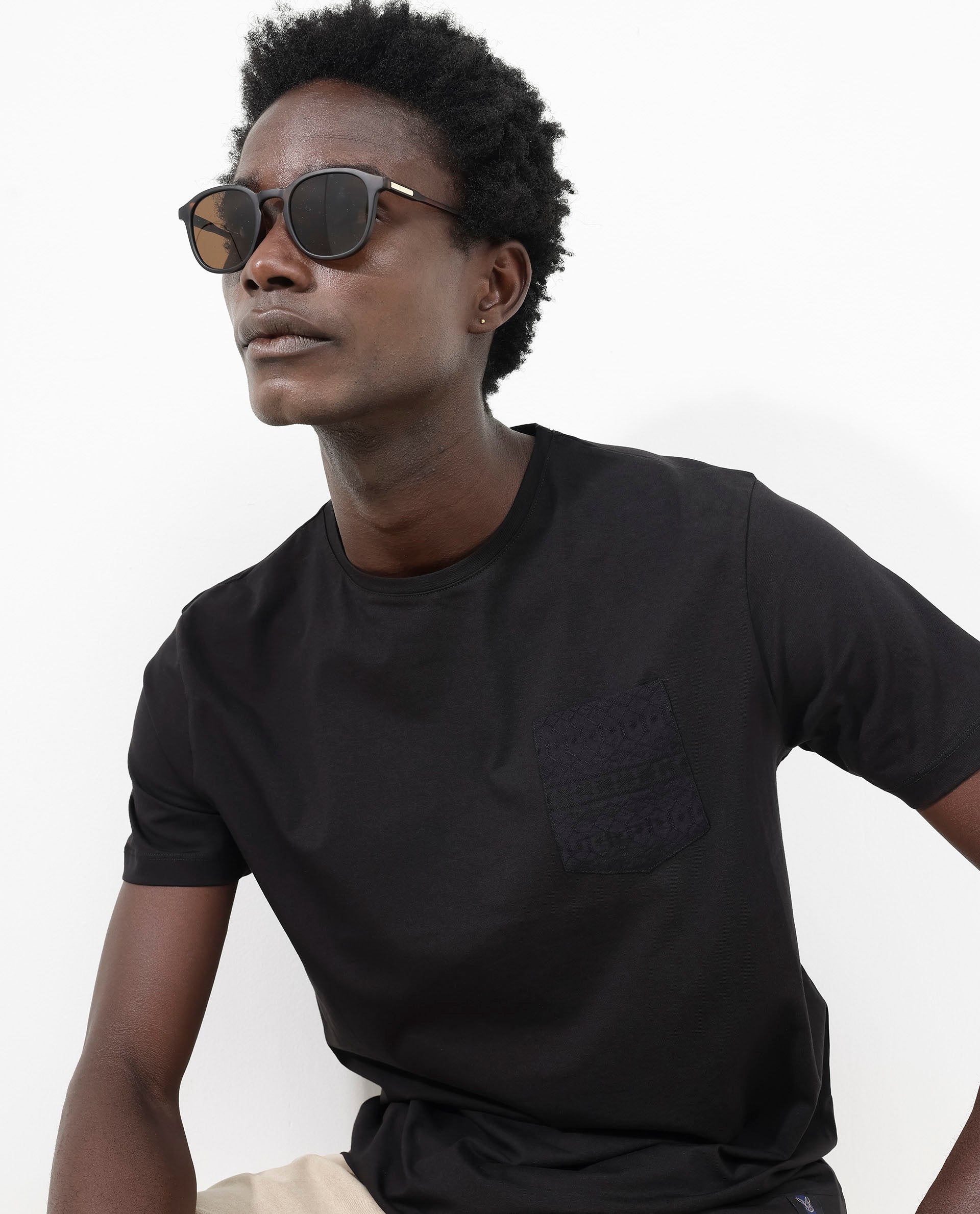 Rare Rabbit Men's Ammos Black Cotton Lycra Fabric Half Sleeves Embroidered Chest Pocket Solid T-Shirt