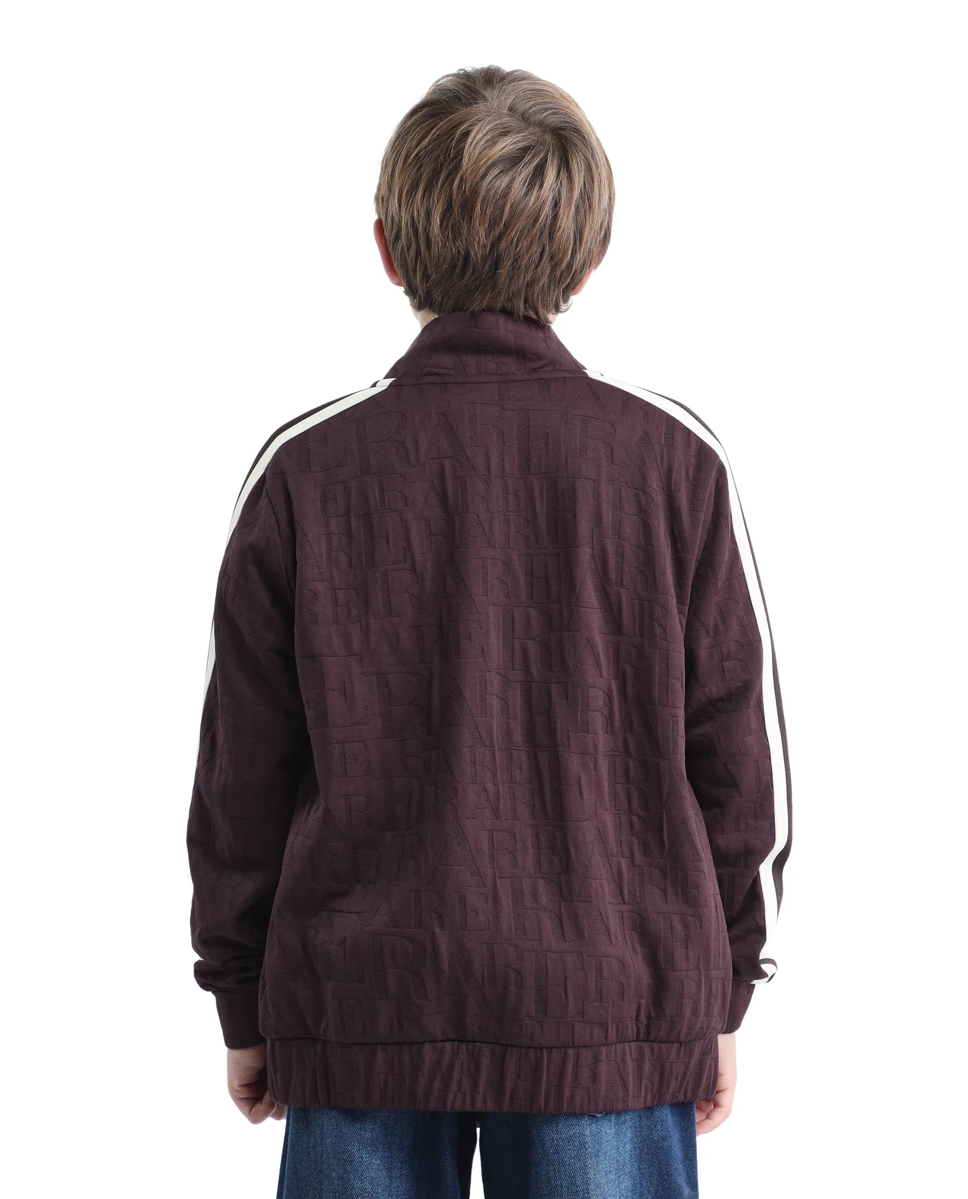 Rare Ones Kids Amni Brown Cotton Blend Zipper Closure High Neck Jacquard Full Sleeves Regular Fit Jacket