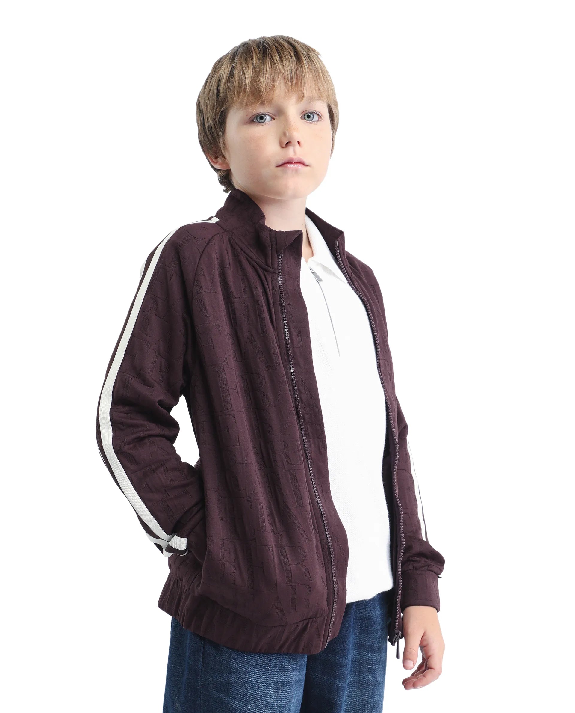 Rare Ones Kids Amni Brown Cotton Blend Zipper Closure High Neck Jacquard Full Sleeves Regular Fit Jacket