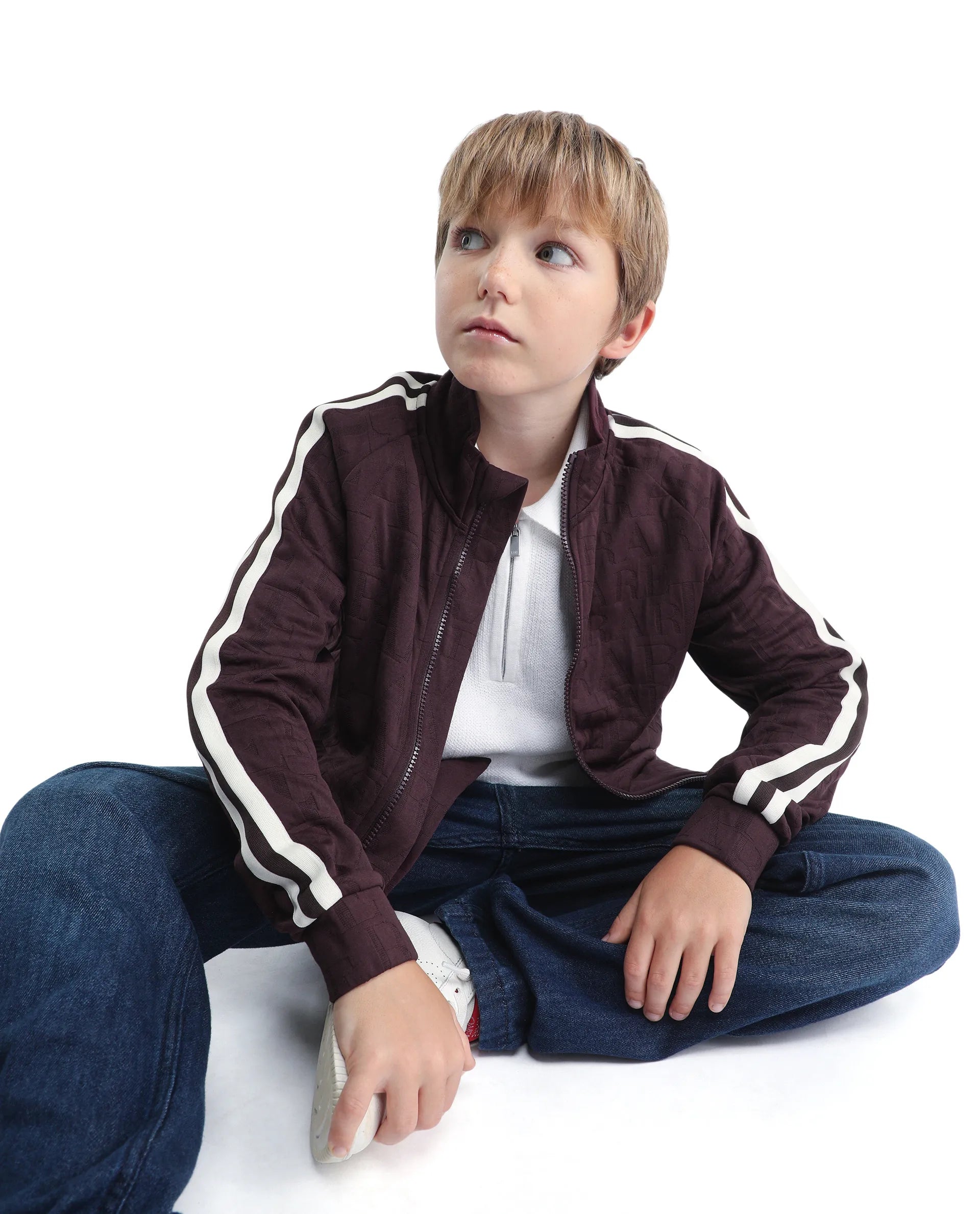 Rare Ones Kids Amni Brown Cotton Blend Zipper Closure High Neck Jacquard Full Sleeves Regular Fit Jacket