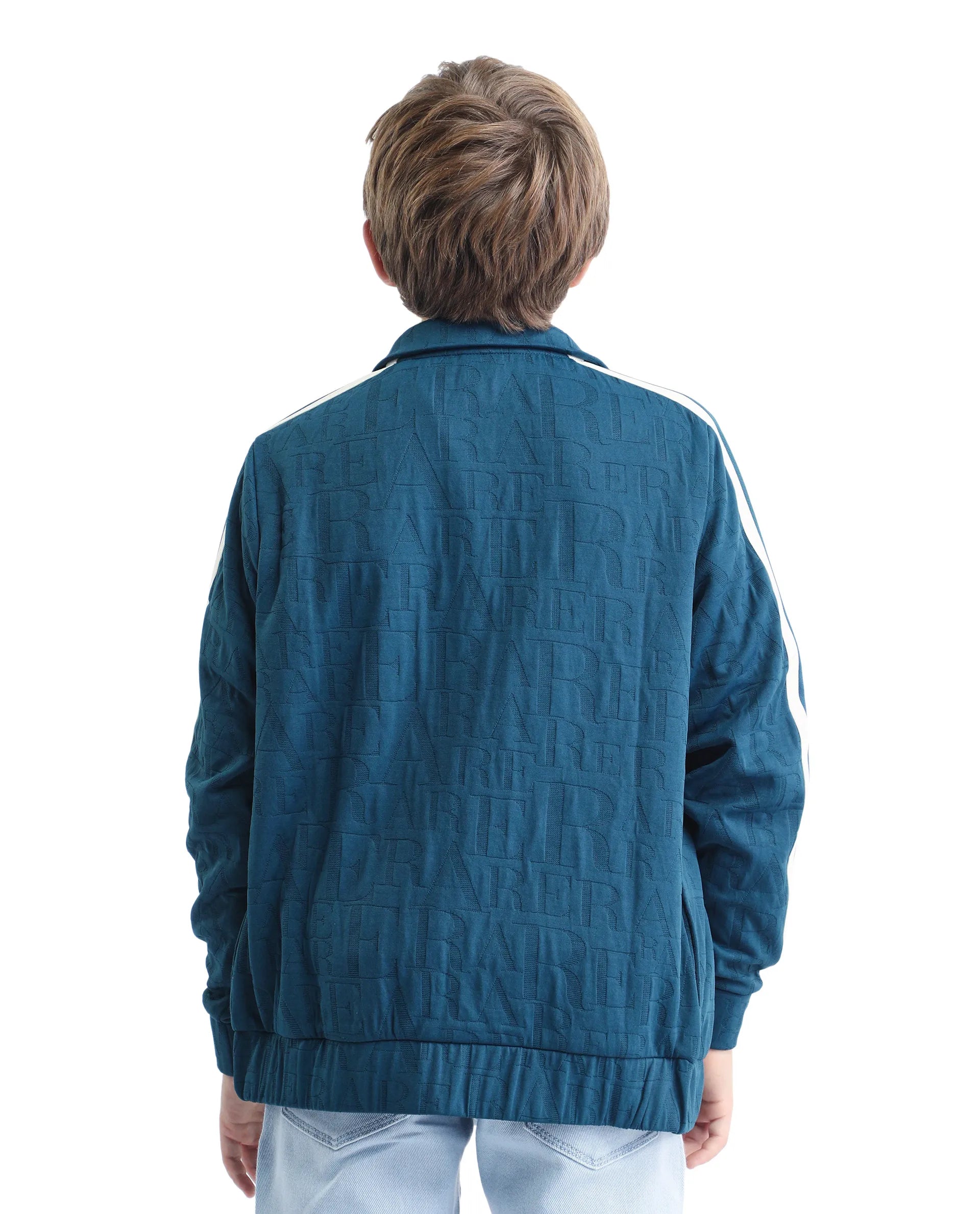 Rare Ones Kids Amni Teal Cotton Blend Zipper Closure High Neck Jacquard Full Sleeves Regular Fit Jacket