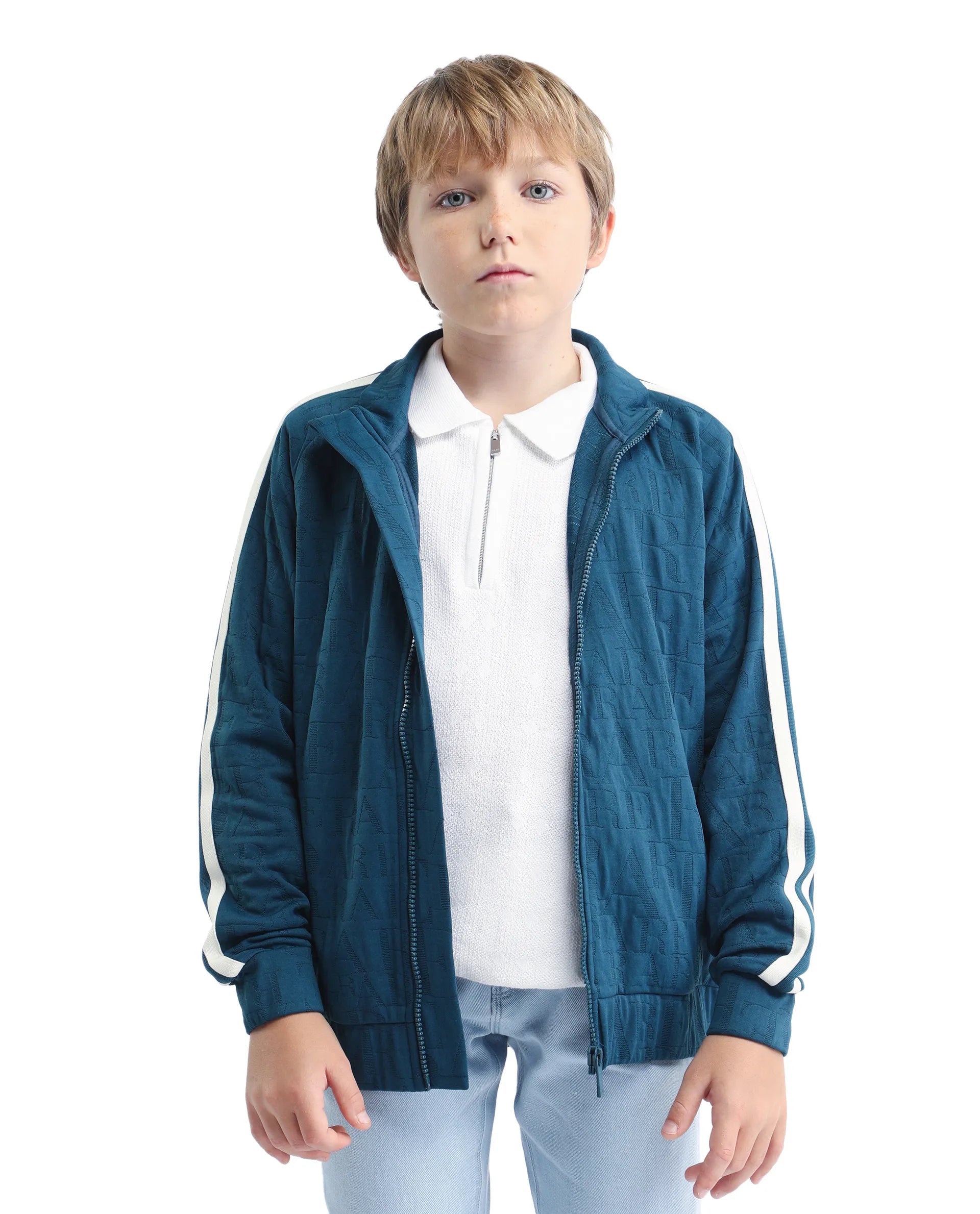 Rare Ones Kids Amni Teal Cotton Blend Zipper Closure High Neck Jacquard Full Sleeves Regular Fit Jacket