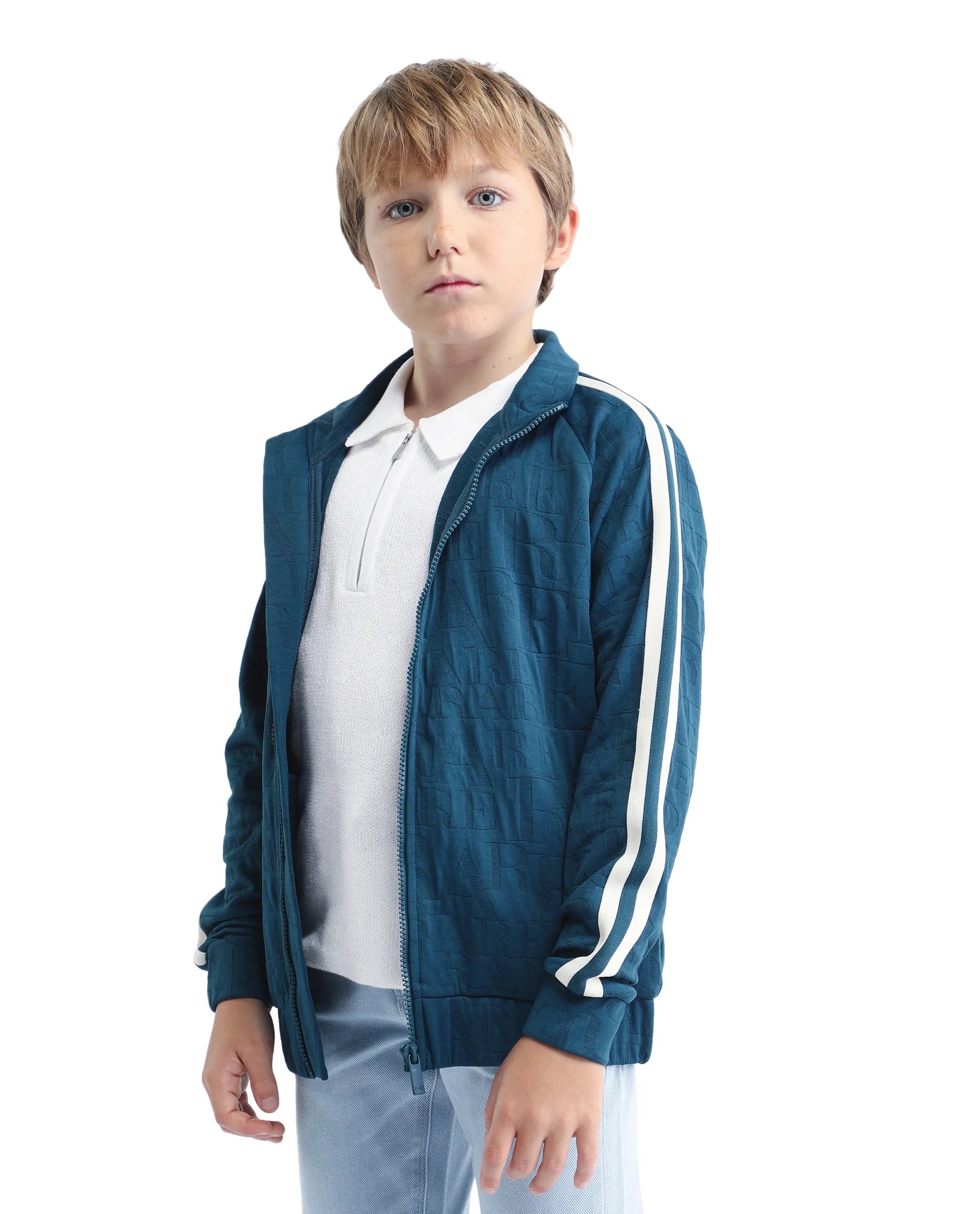 Rare Ones Kids Amni Teal Cotton Blend Zipper Closure High Neck Jacquard Full Sleeves Regular Fit Jacket