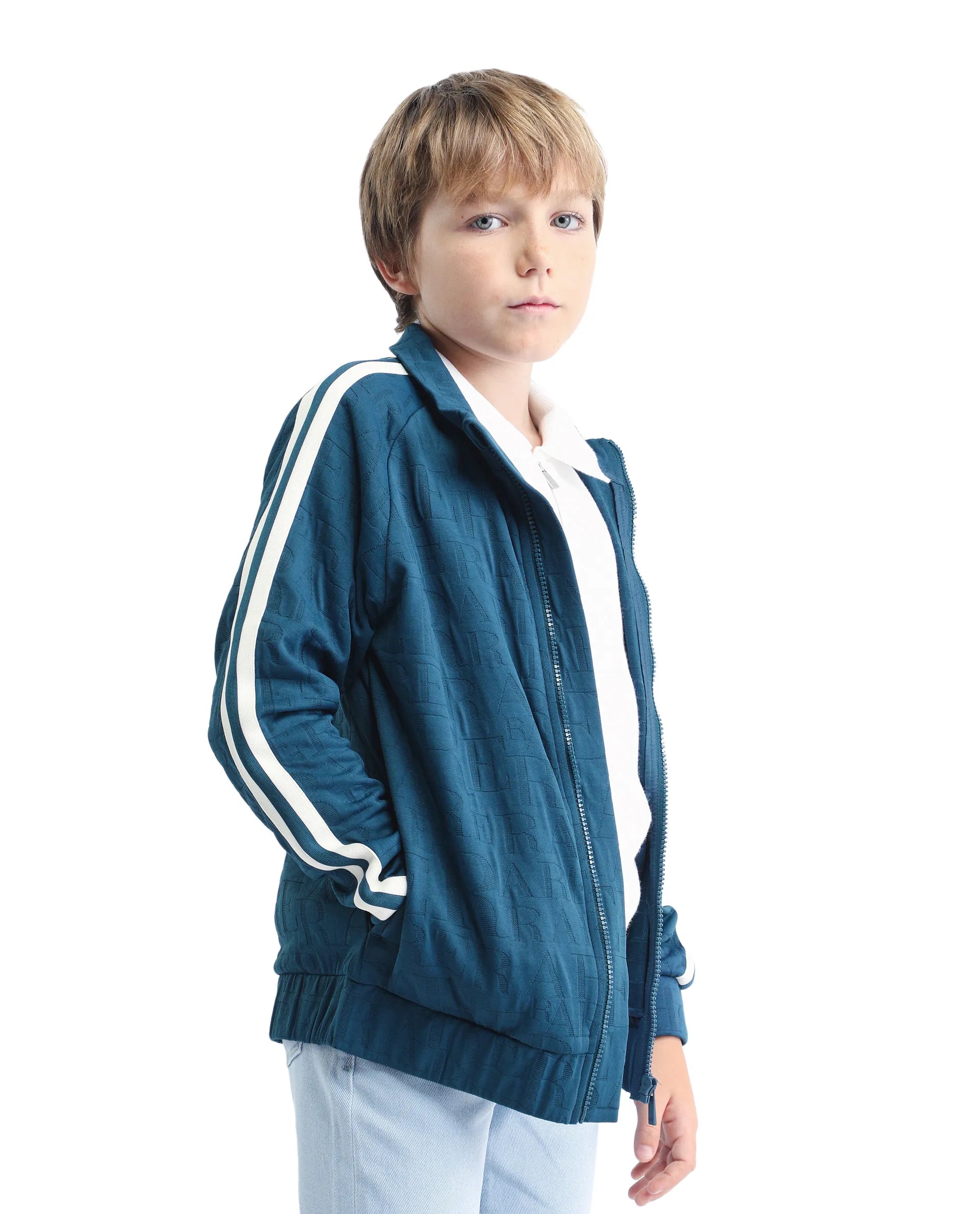 Rare Ones Kids Amni Teal Cotton Blend Zipper Closure High Neck Jacquard Full Sleeves Regular Fit Jacket