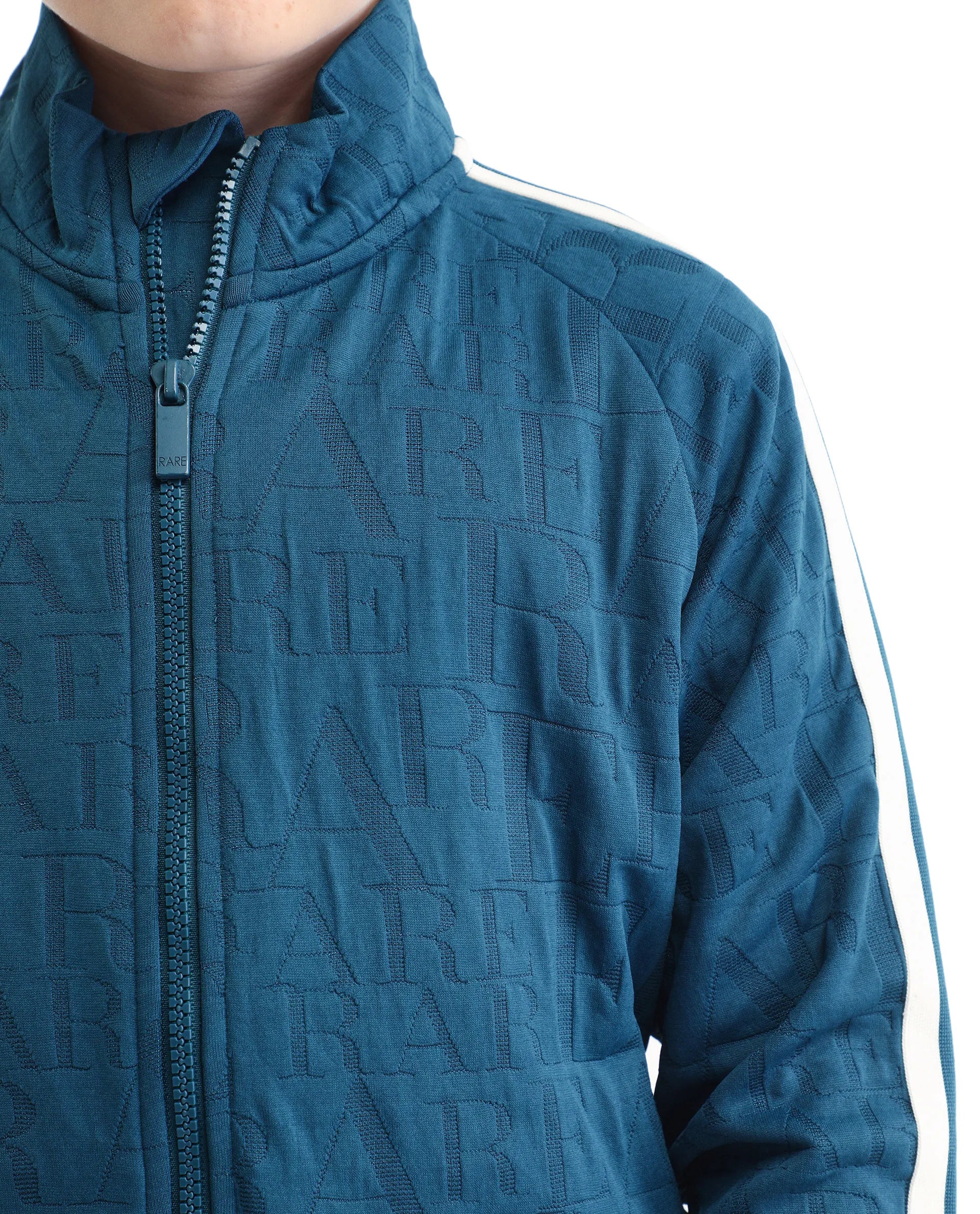 Rare Ones Kids Amni Teal Cotton Blend Zipper Closure High Neck Jacquard Full Sleeves Regular Fit Jacket