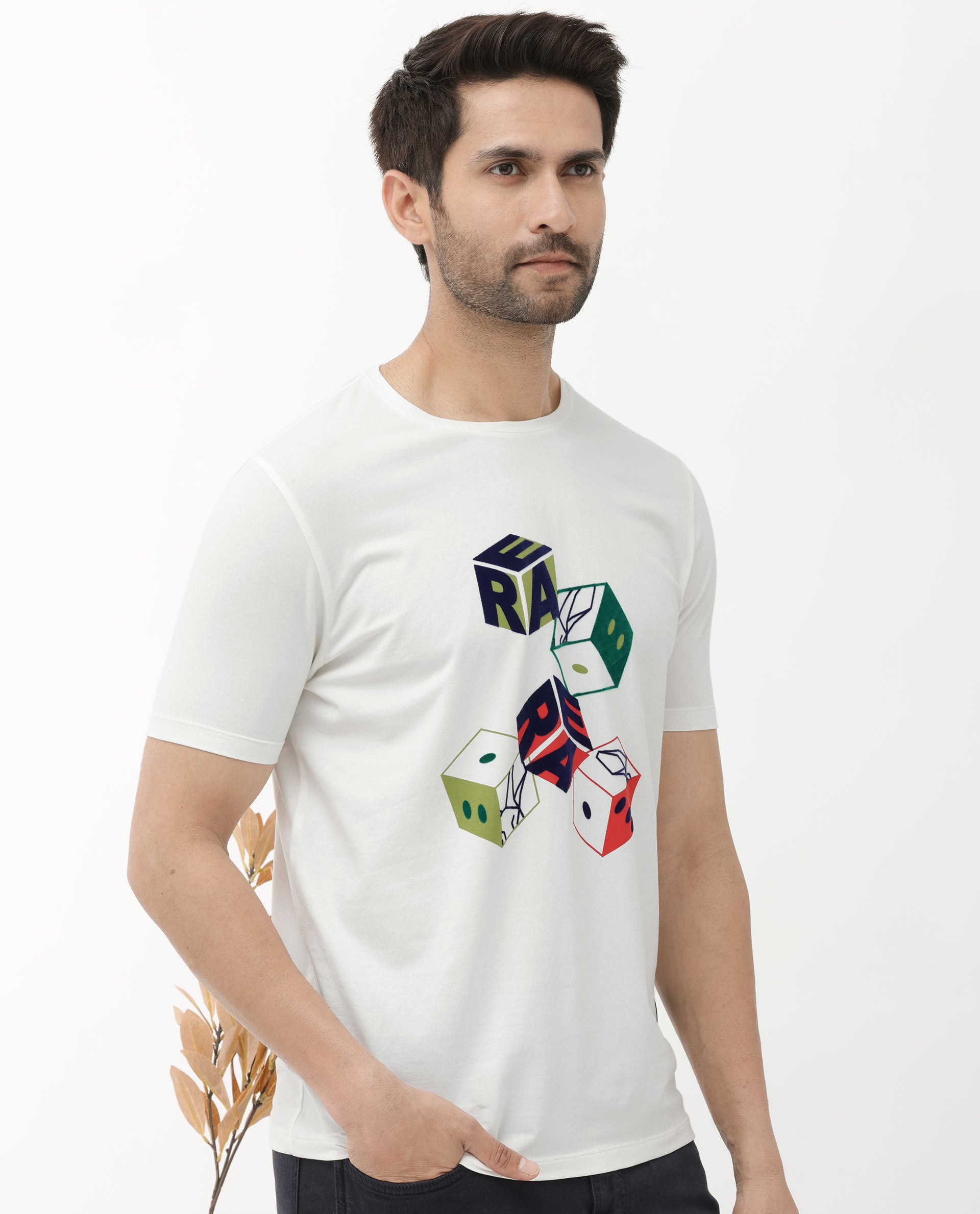 Rare Rabbit Articale Men's Amon Off White Cotton Polyester Fabric Half Sleeves Graphic Print T-Shirt