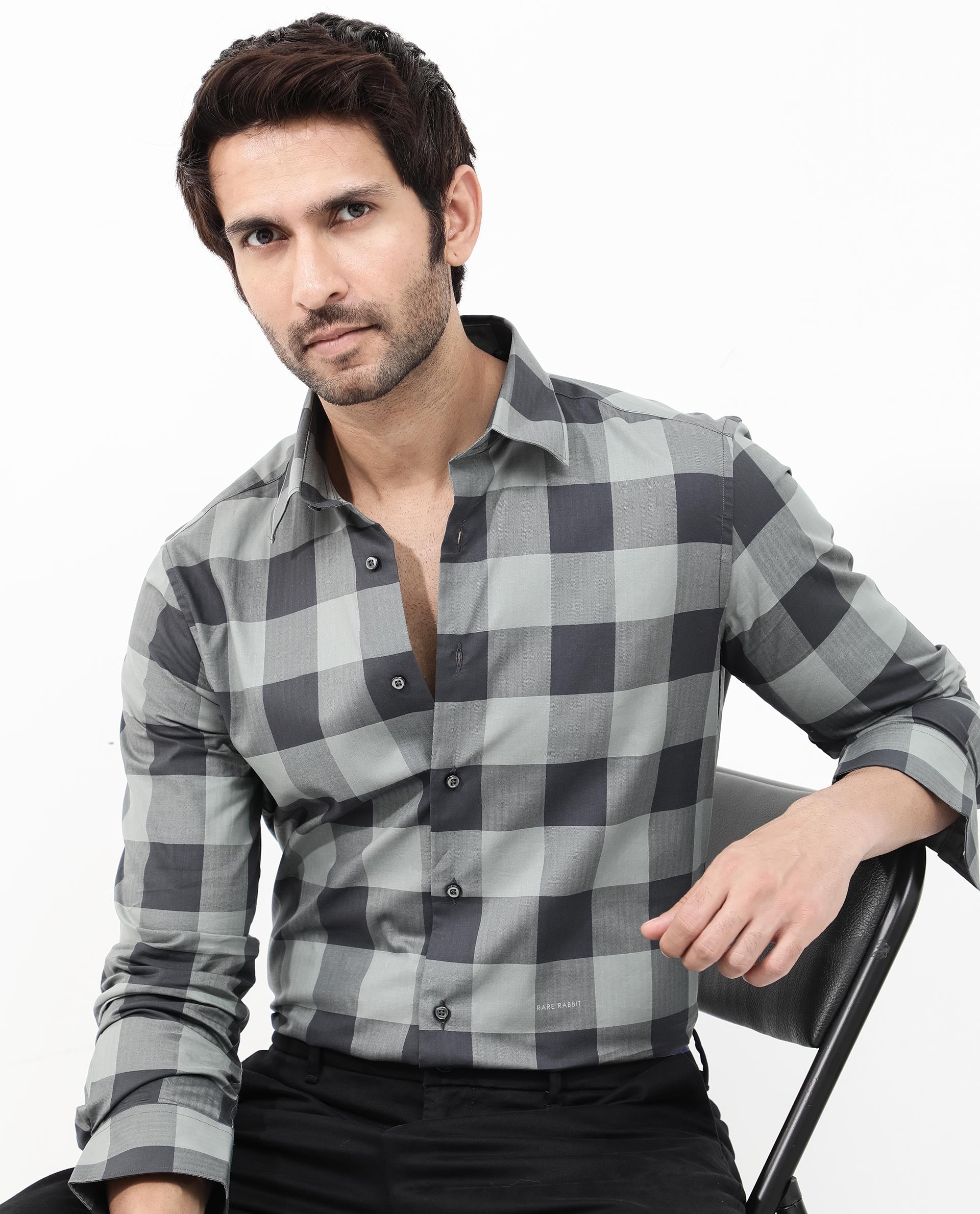Rare Rabbit Mens Amos Grey Cotton Fabric Full Sleeve Regular Fit Checks Shirt
