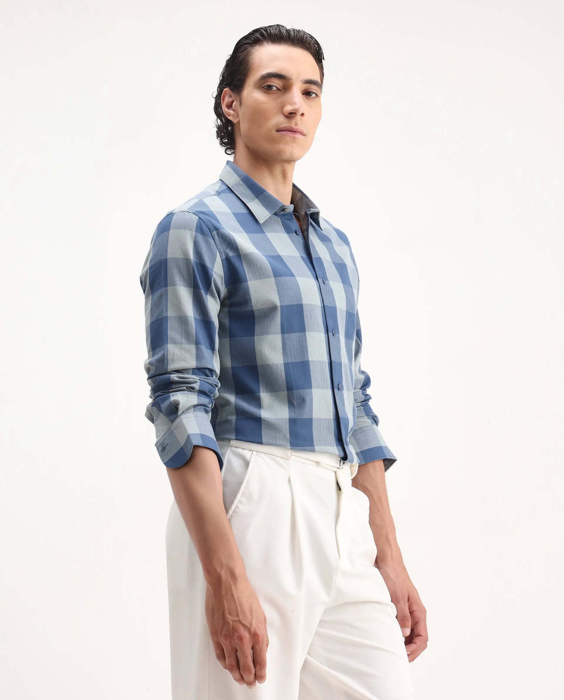 Rare Rabbit Men's Amos Blue Cotton Checked Print Regular Fit Full Sleeve Collared Shirt