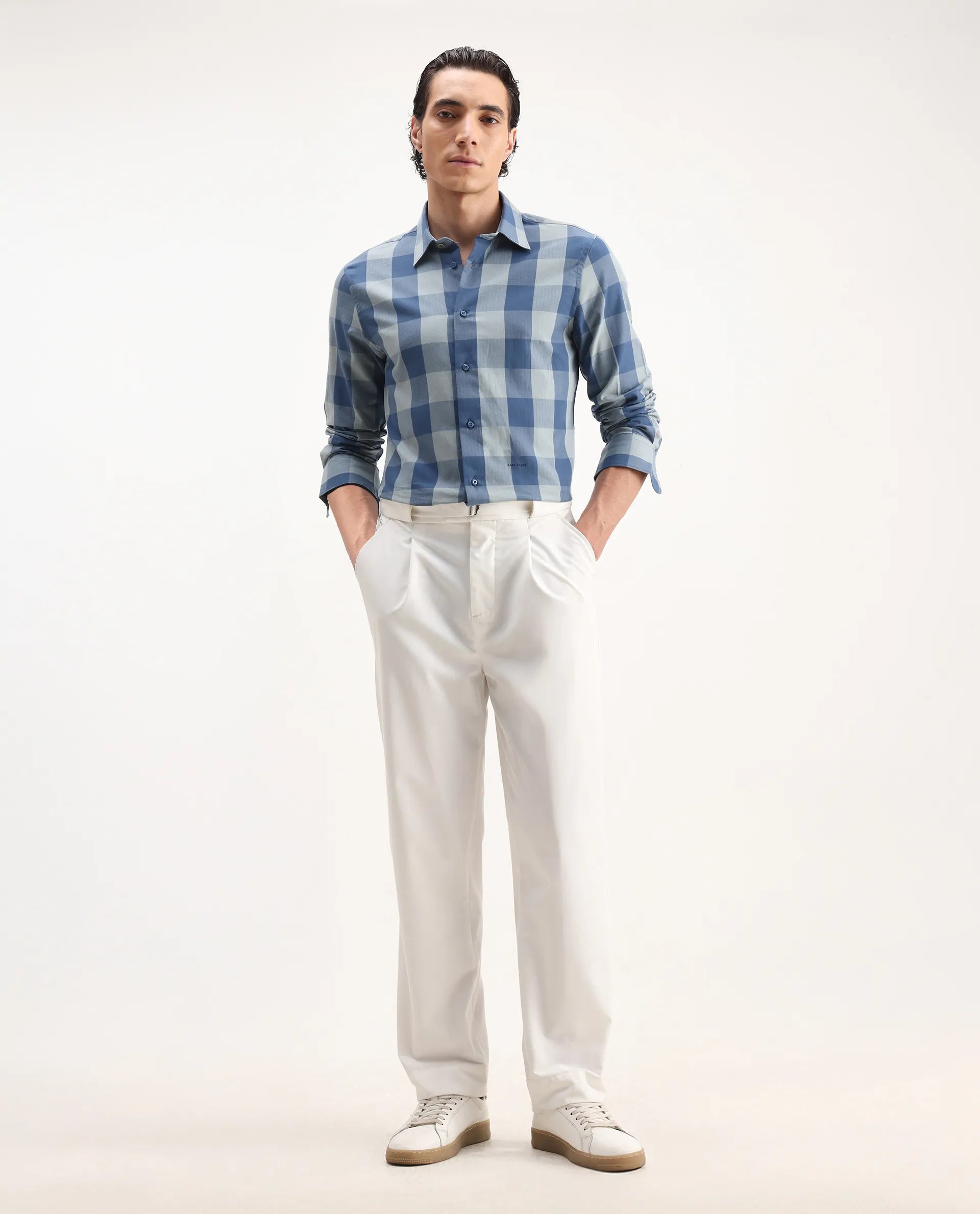 Rare Rabbit Men's Amos Blue Cotton Checked Print Regular Fit Full Sleeve Collared Shirt