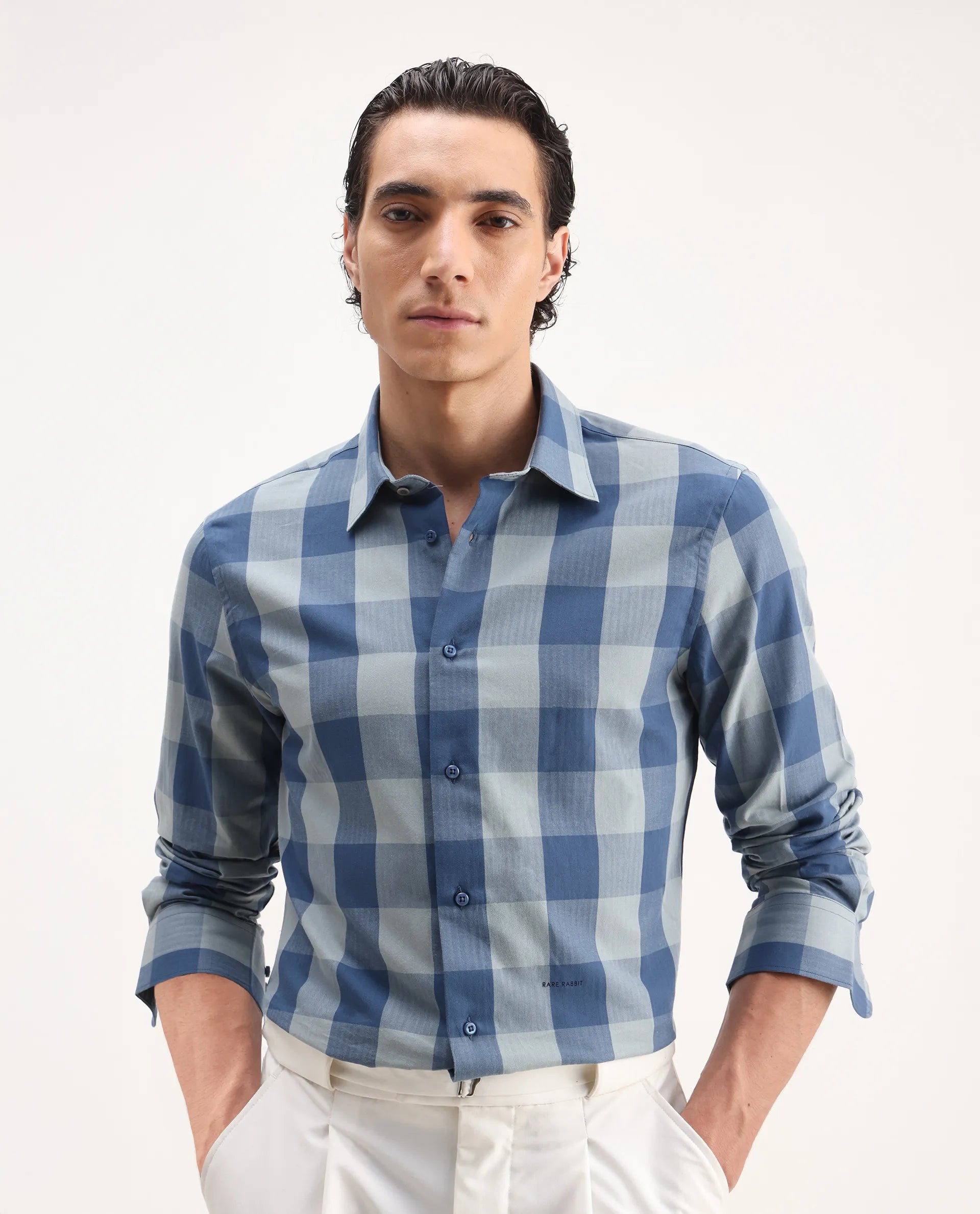 Rare Rabbit Men's Amos Blue Cotton Checked Print Regular Fit Full Sleeve Collared Shirt
