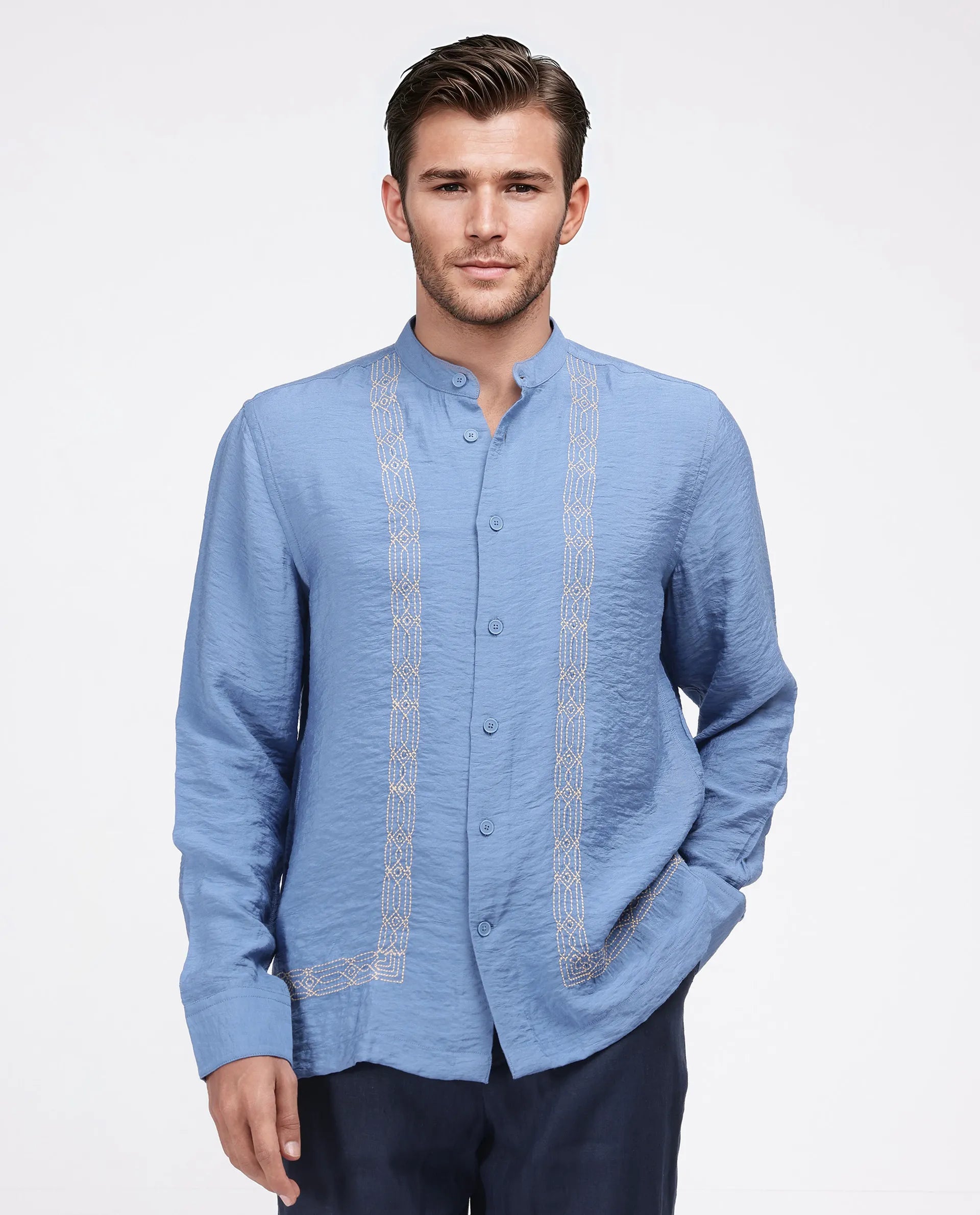 Rare Rabbit Men's Amos-Emb Blue Viscose Blend Embroidered Regular Fit Full Sleeve Collared Shirt