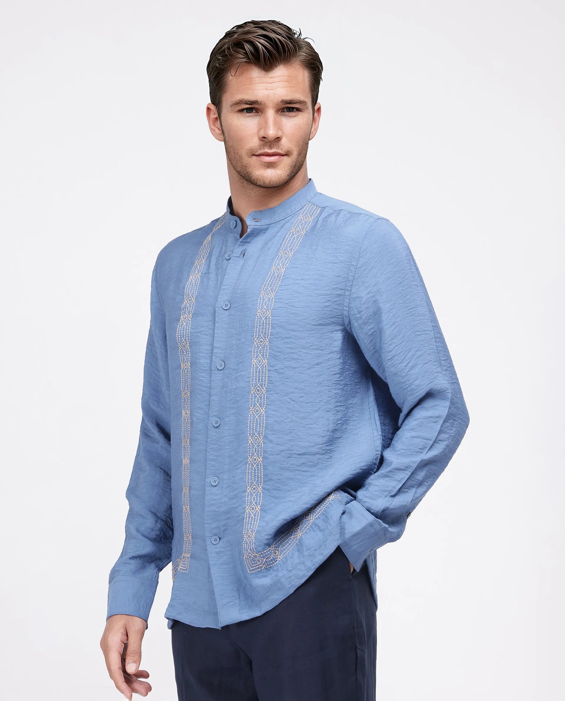 Rare Rabbit Men's Amos-Emb Blue Viscose Blend Embroidered Regular Fit Full Sleeve Collared Shirt