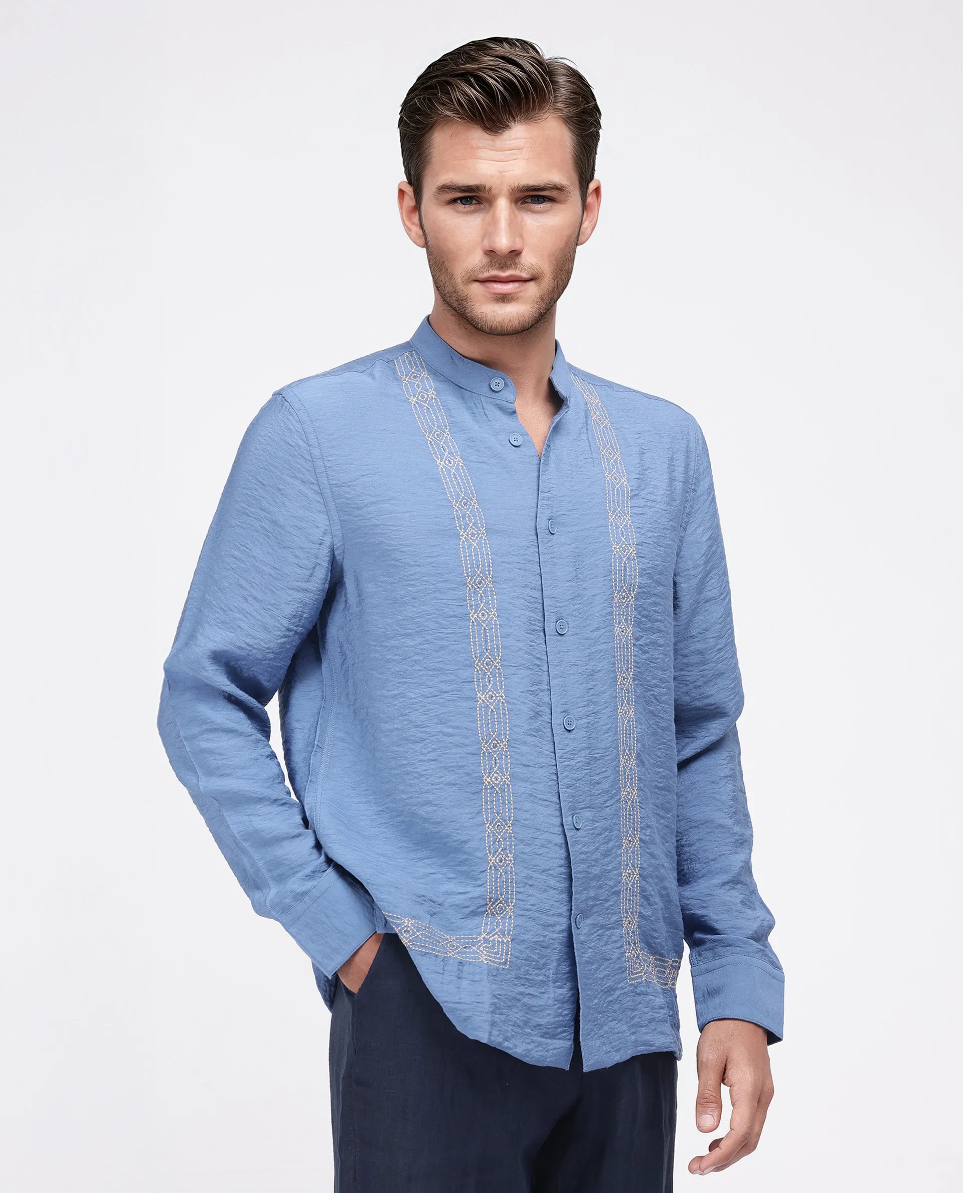 Rare Rabbit Men's Amos-Emb Blue Viscose Blend Embroidered Regular Fit Full Sleeve Collared Shirt
