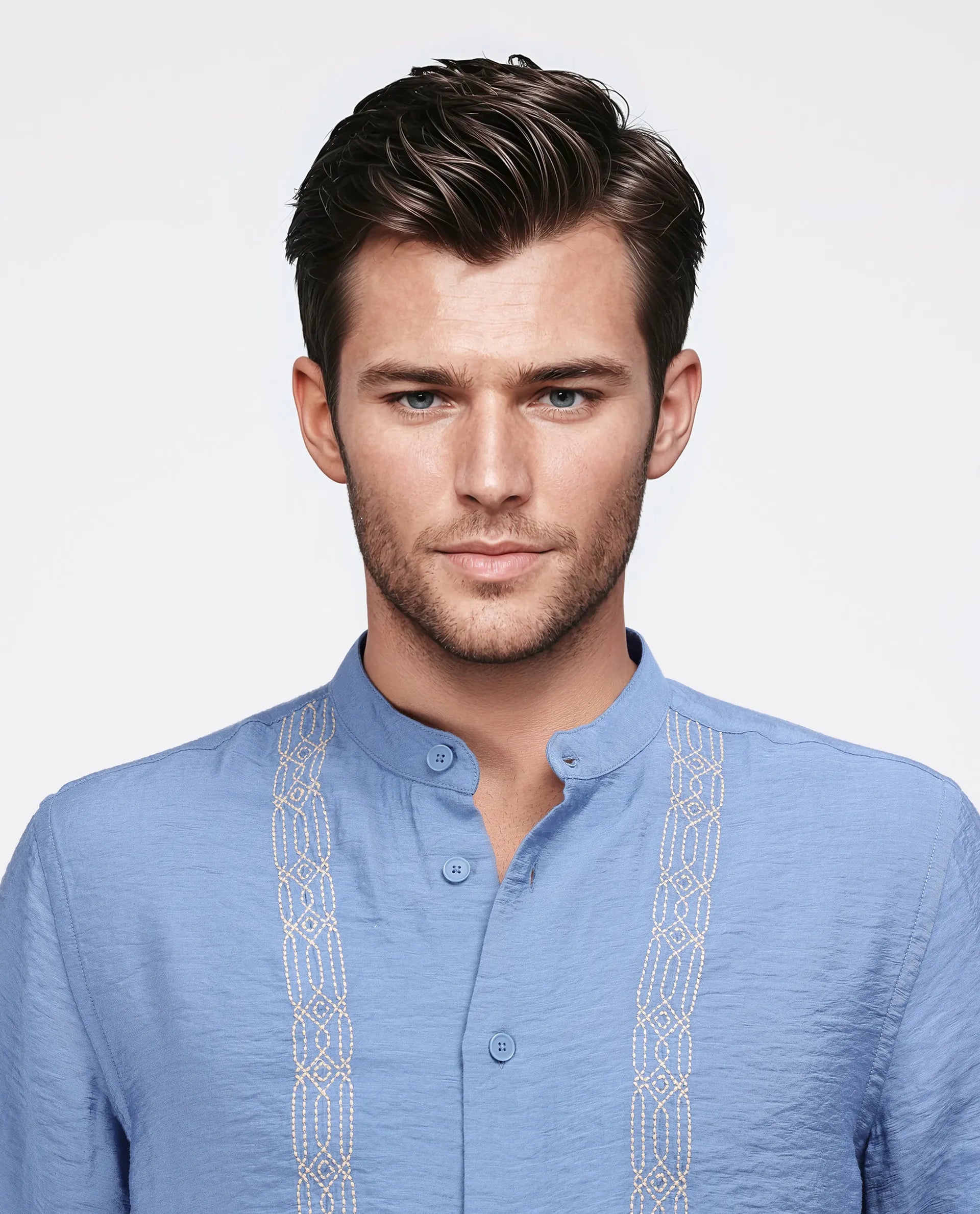 Rare Rabbit Men's Amos-Emb Blue Viscose Blend Embroidered Regular Fit Full Sleeve Collared Shirt