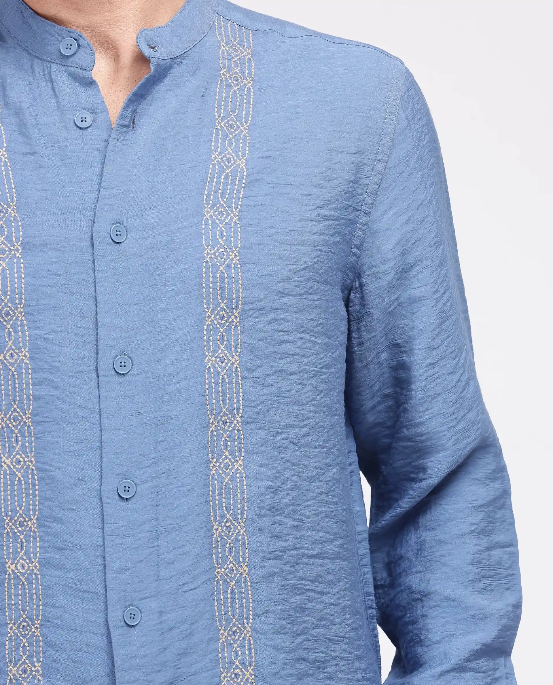 Rare Rabbit Men's Amos-Emb Blue Viscose Blend Embroidered Regular Fit Full Sleeve Collared Shirt