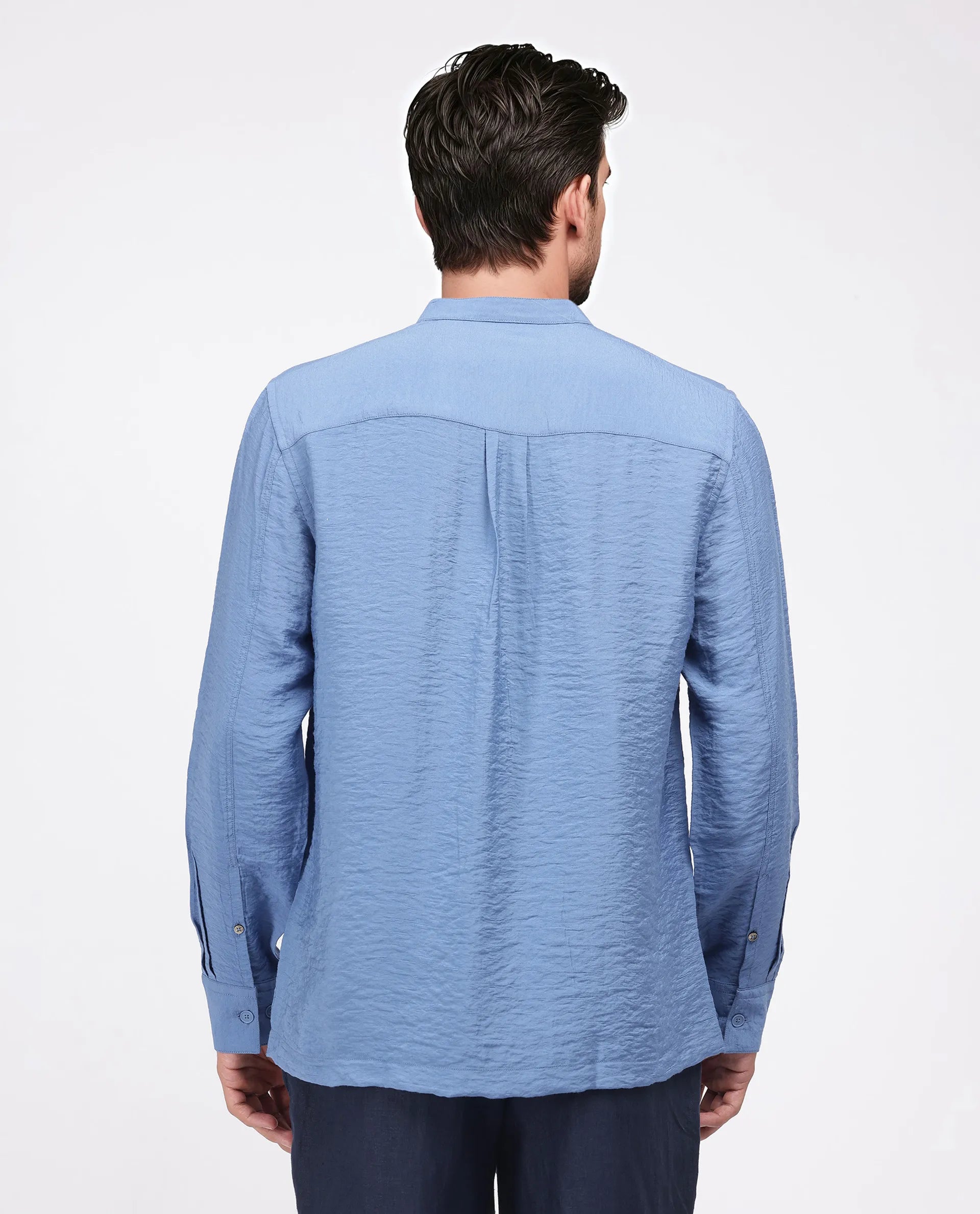 Rare Rabbit Men's Amos-Emb Blue Viscose Blend Embroidered Regular Fit Full Sleeve Collared Shirt