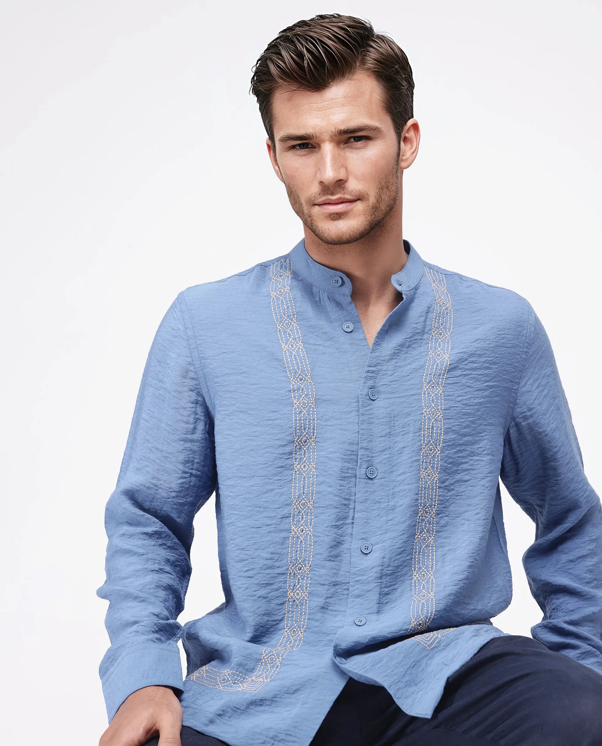 Rare Rabbit Men's Amos-Emb Blue Viscose Blend Embroidered Regular Fit Full Sleeve Collared Shirt