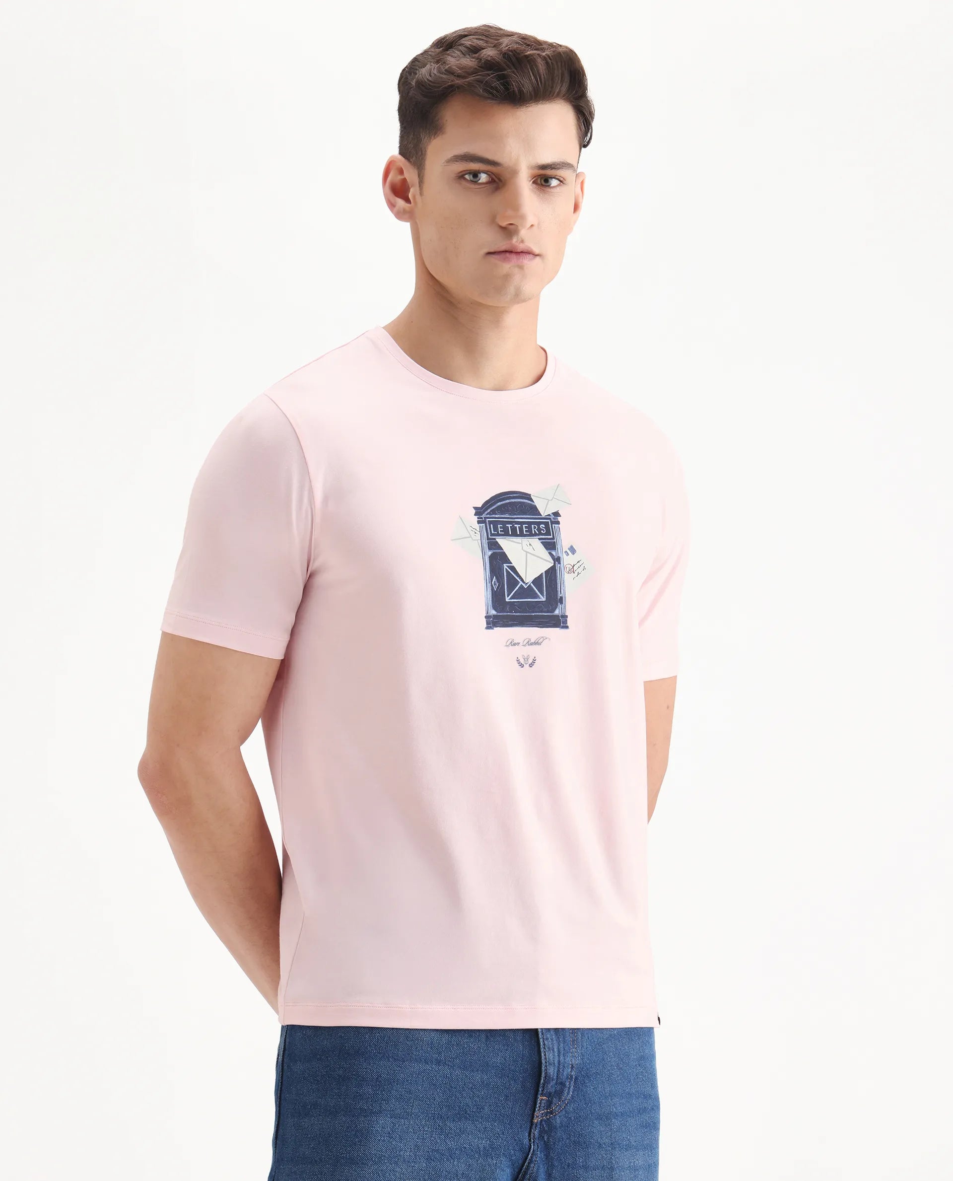 Rare Rabbit Men's Amos Pastel Pink Cotton Blend Graphic Print Regular Fit Half Sleeve Crew Neck T-Shirt