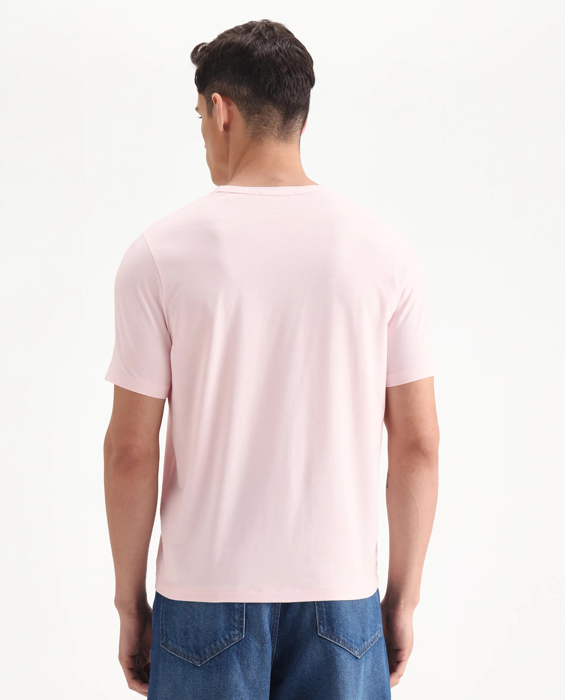 Rare Rabbit Men's Amos Pastel Pink Cotton Blend Graphic Print Regular Fit Half Sleeve Crew Neck T-Shirt