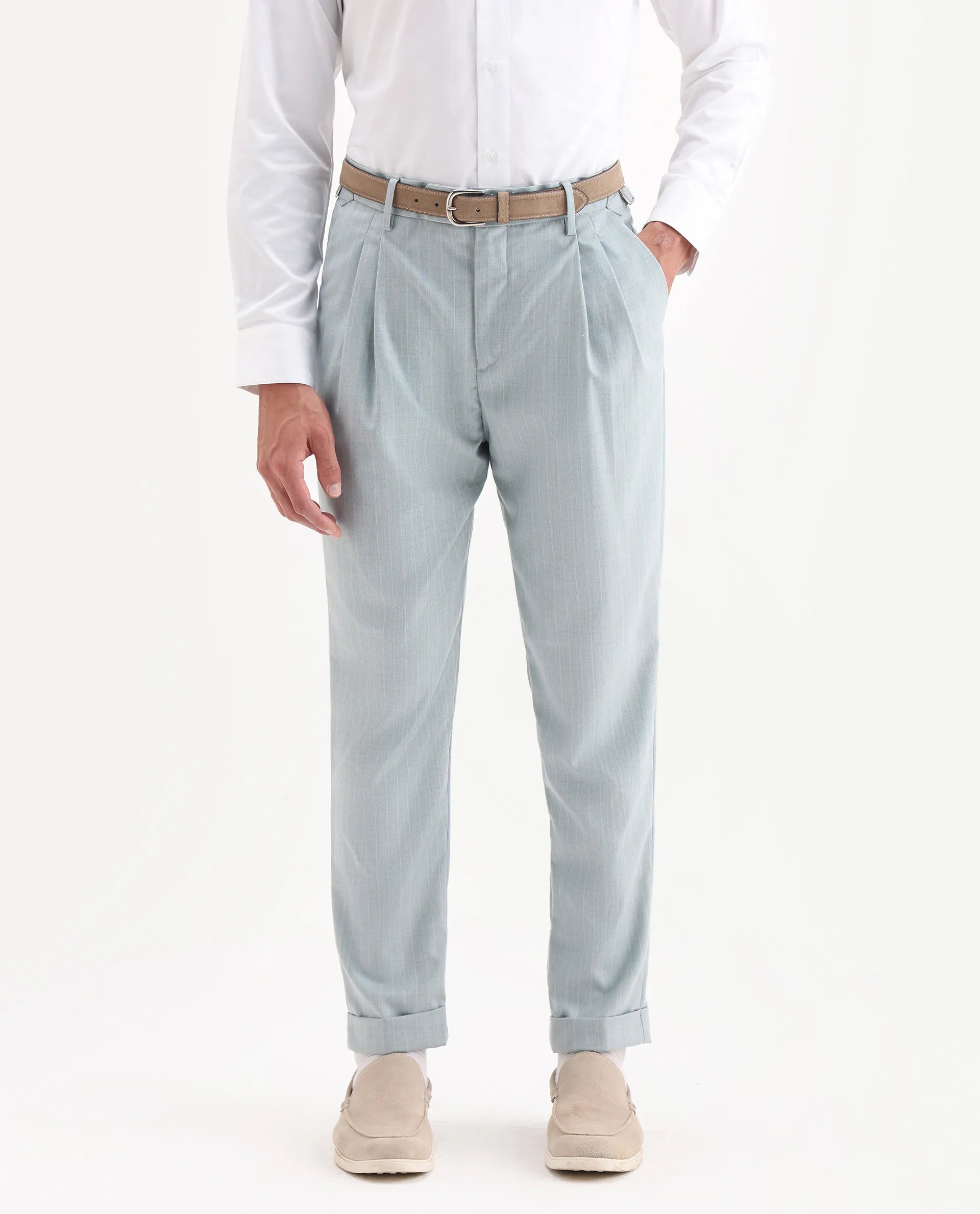 Rare Rabbit Men's Amosy Light Blue Cotton Striped Print Relaxed Fit Trouser