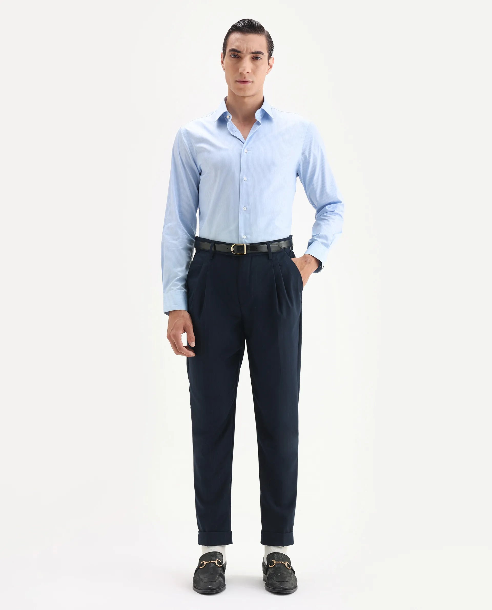 Rare Rabbit Men's Amosy Navy Cotton Striped Print Relaxed Fit Trouser