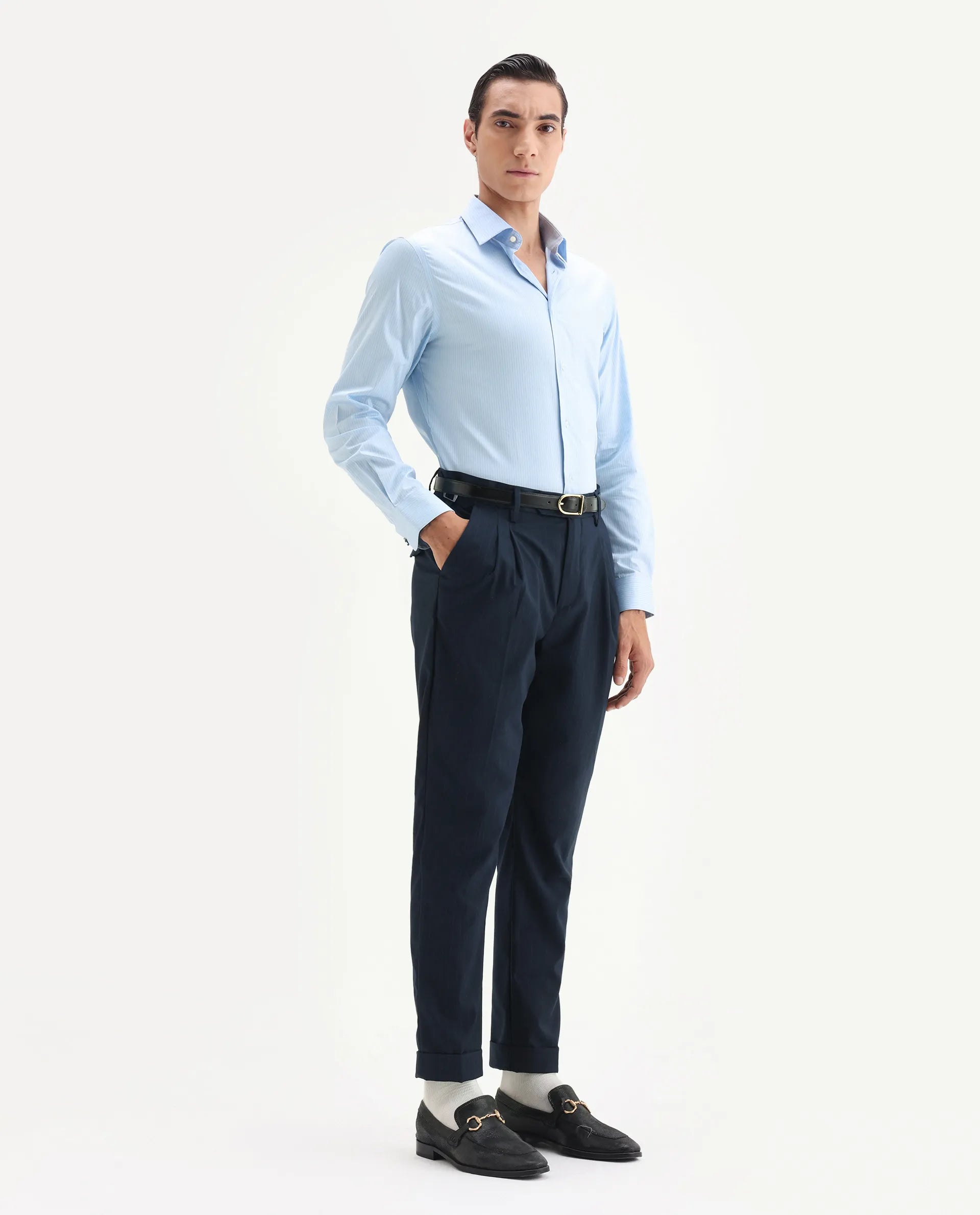 Rare Rabbit Men's Amosy Navy Cotton Striped Print Relaxed Fit Trouser