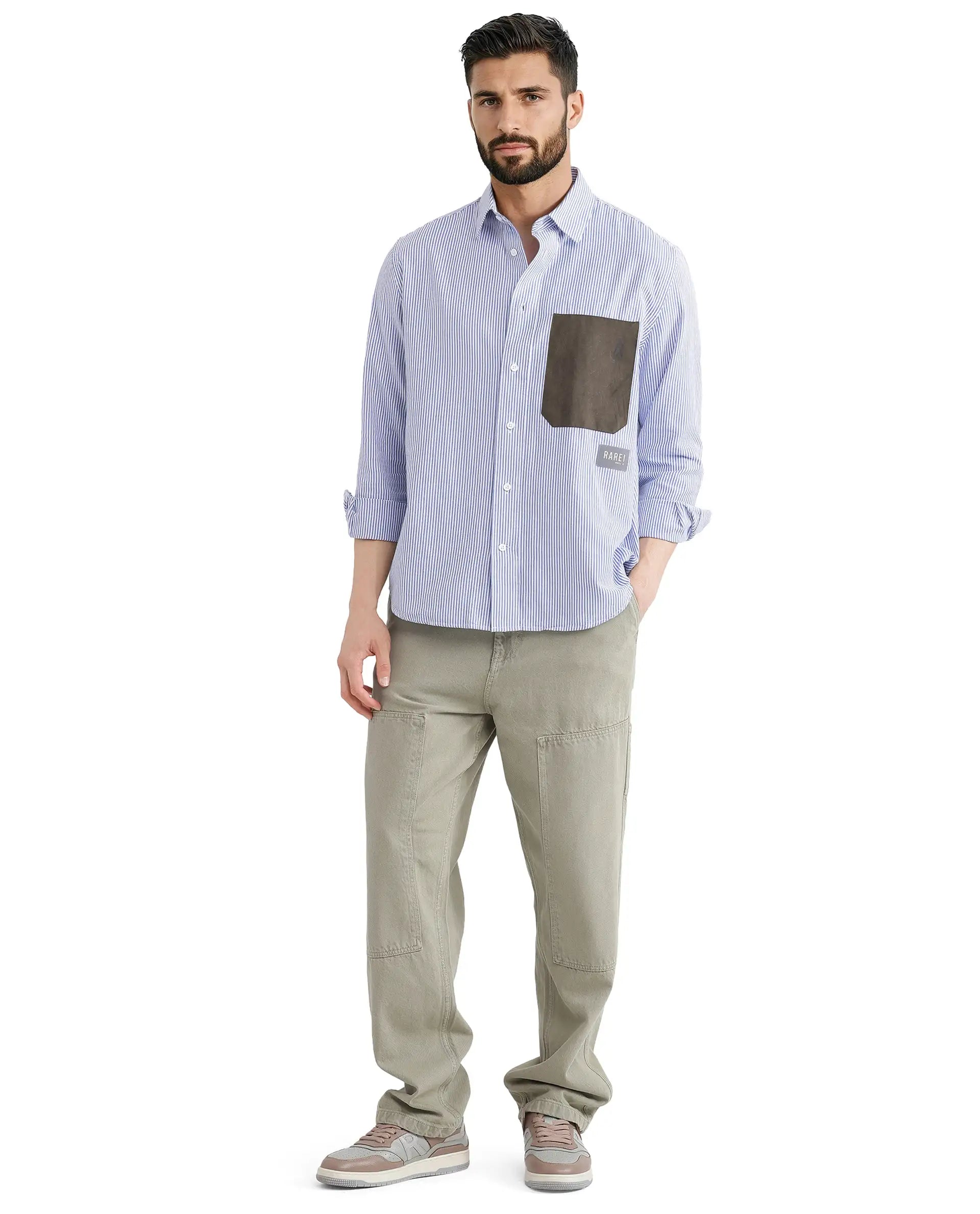 Rare Rabbit Men's Amot White Cotton Fabric Full Sleeve Button Closure Contrasting Flock Pocket Stripe Shirt