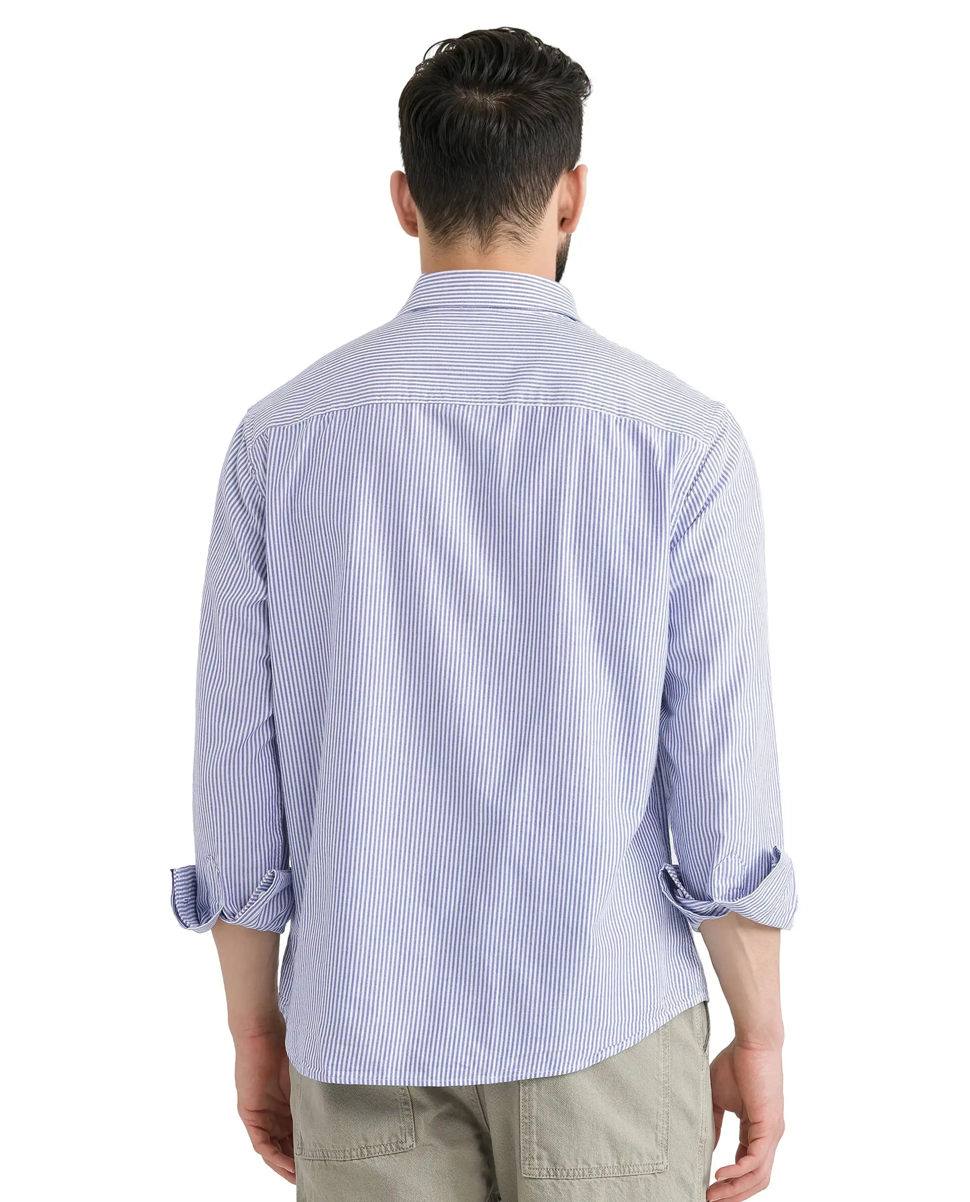 Rare Rabbit Men's Amot White Cotton Fabric Full Sleeve Button Closure Contrasting Flock Pocket Stripe Shirt