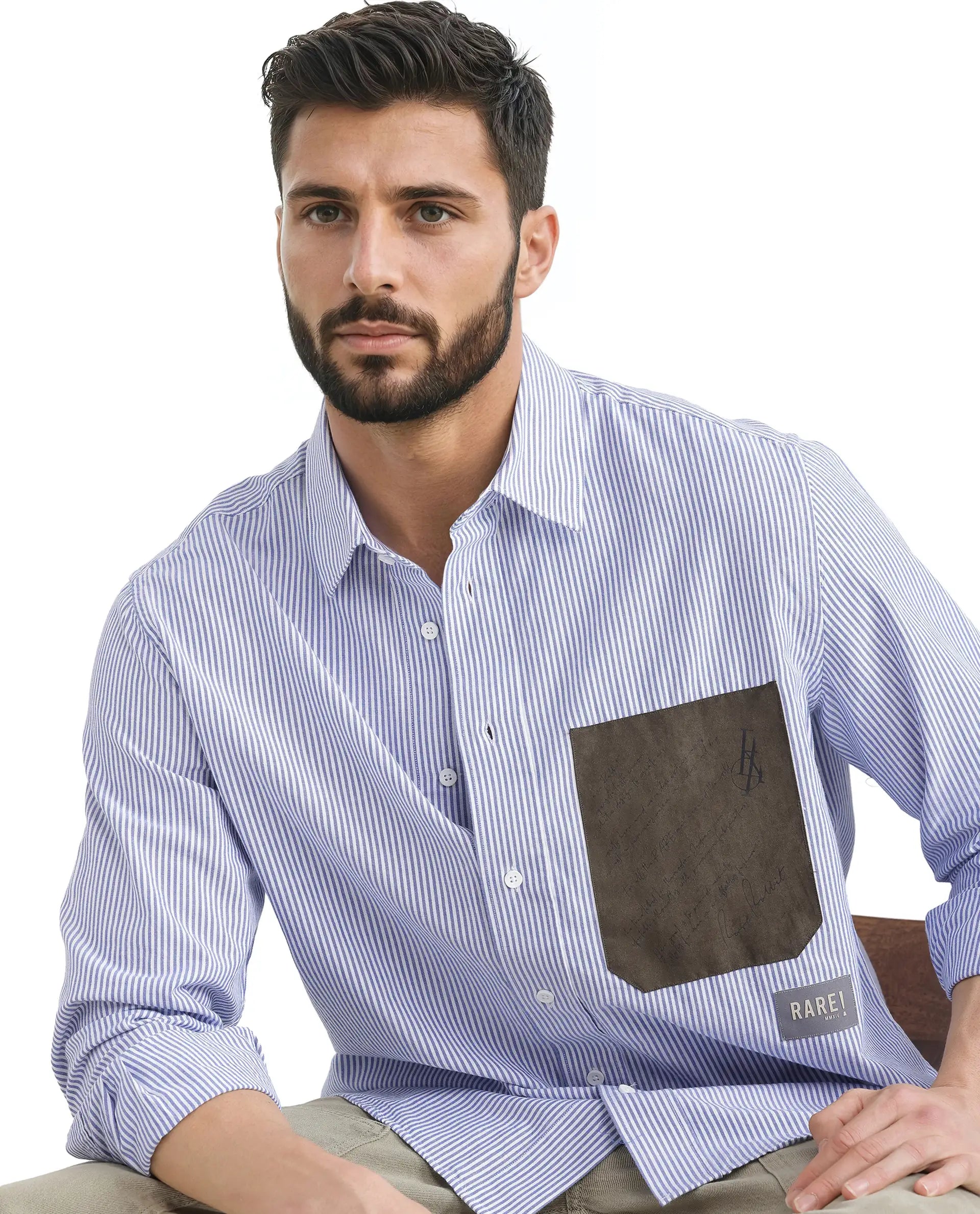 Rare Rabbit Men's Amot White Cotton Fabric Full Sleeve Button Closure Contrasting Flock Pocket Stripe Shirt