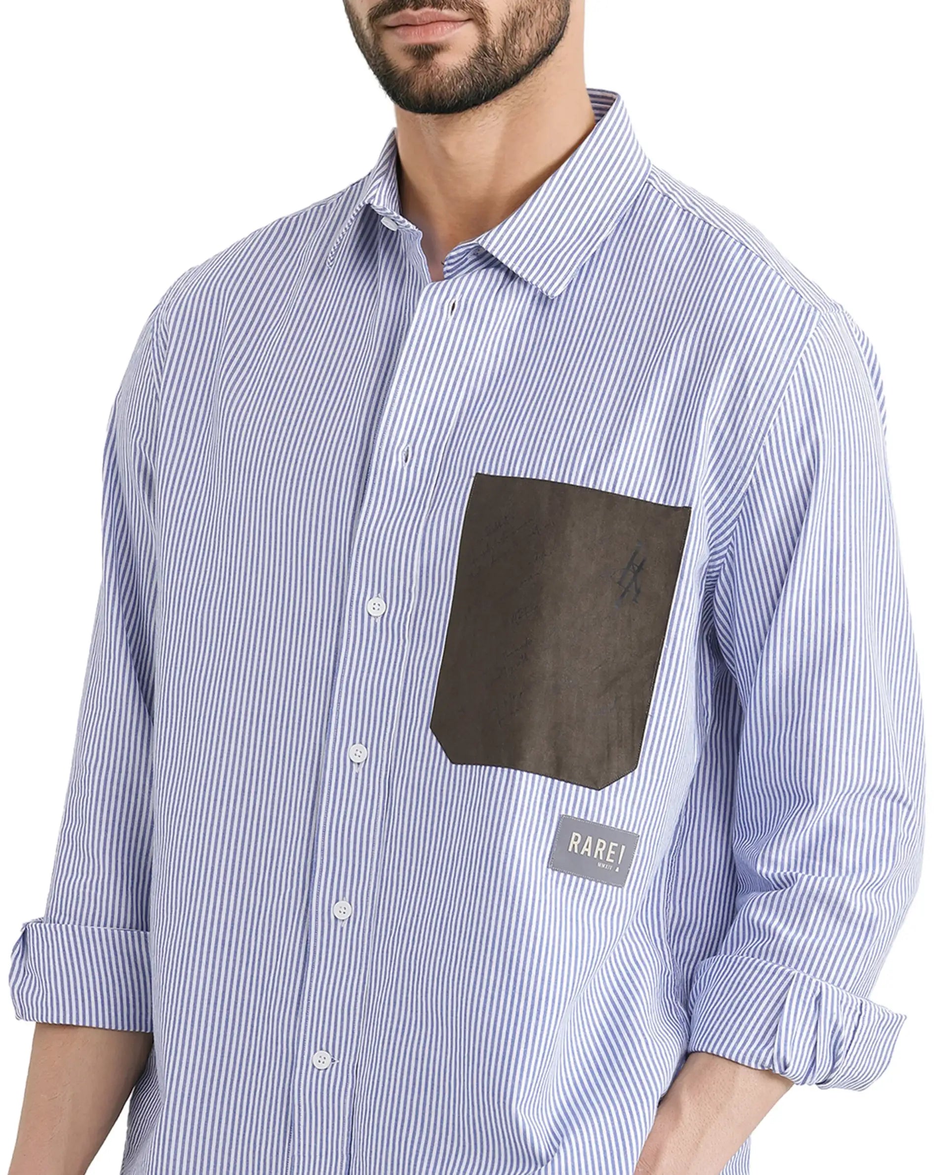 Rare Rabbit Men's Amot White Cotton Fabric Full Sleeve Button Closure Contrasting Flock Pocket Stripe Shirt