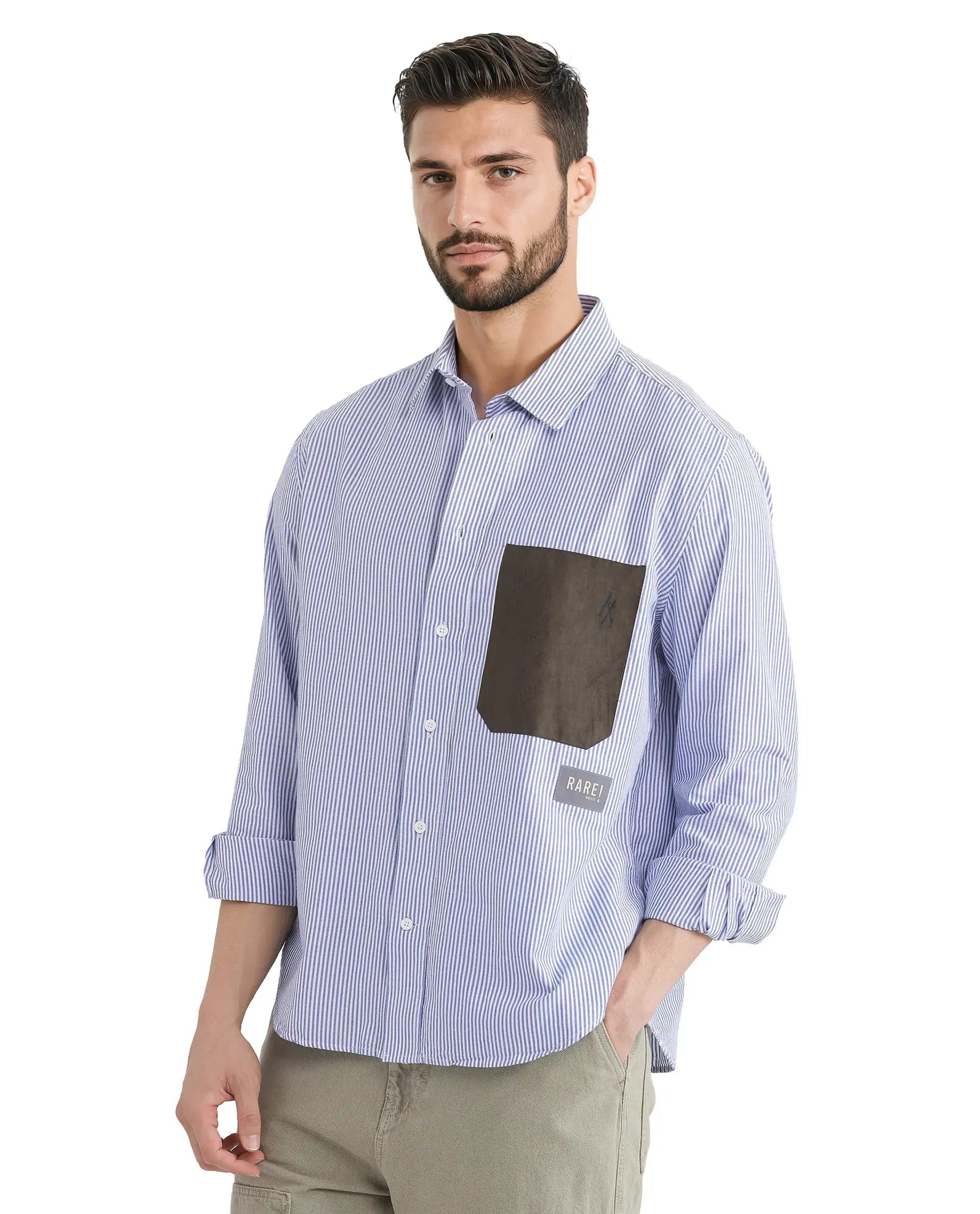 Rare Rabbit Men's Amot White Cotton Fabric Full Sleeve Button Closure Contrasting Flock Pocket Stripe Shirt