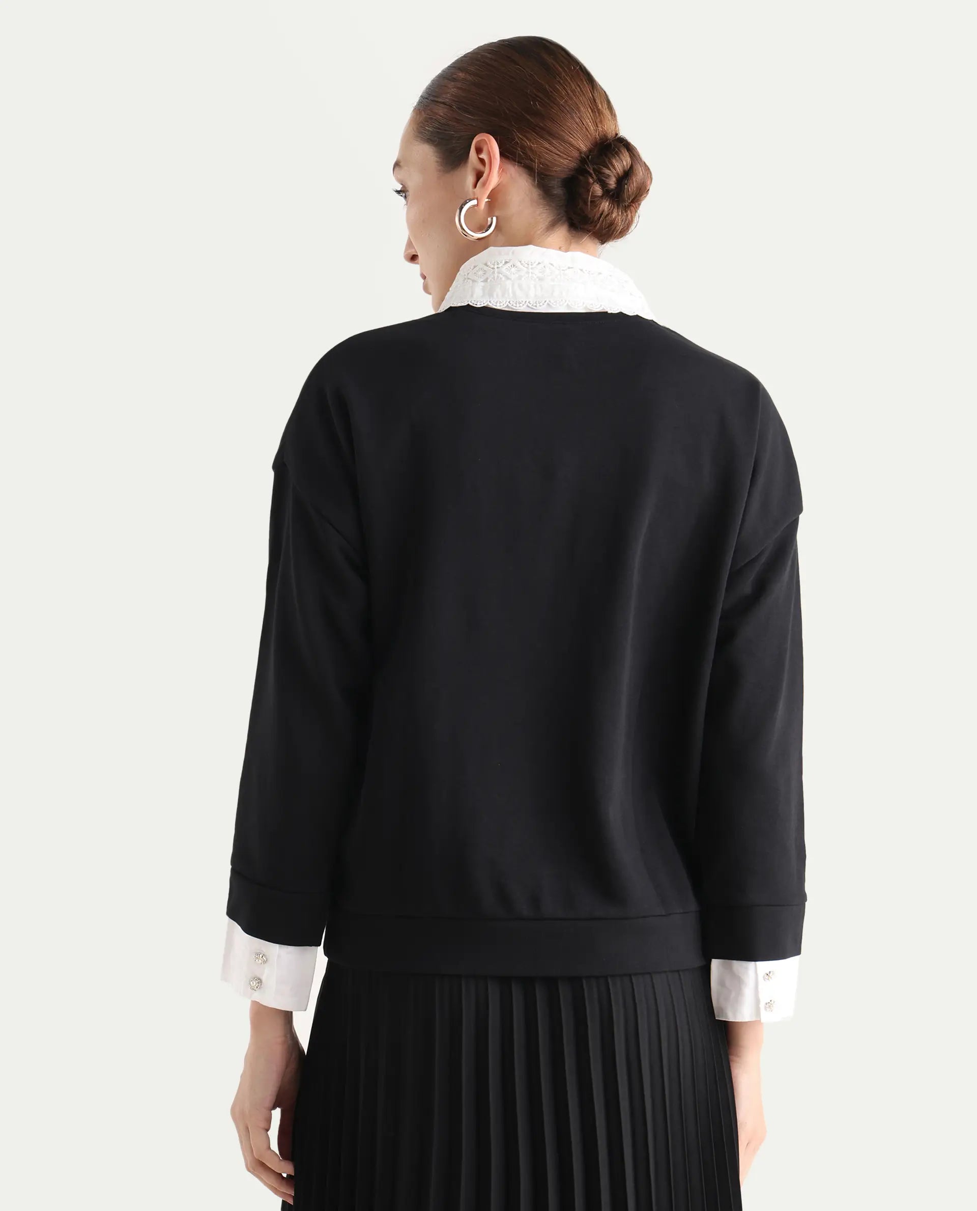 Rareism Women's Cotton Blend Spread Collar Dyed Relaxed Fit Sweatshirt