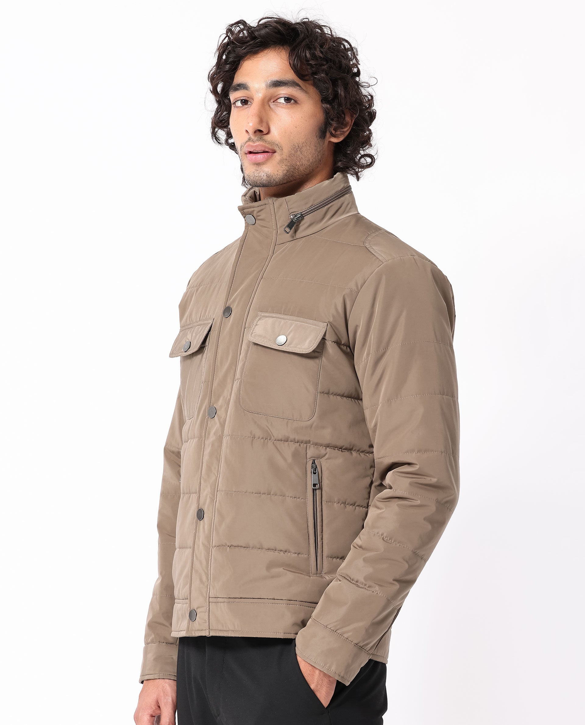 Rare Rabbit Men's Anbr Khaki Plain Quilted Utility Jacket