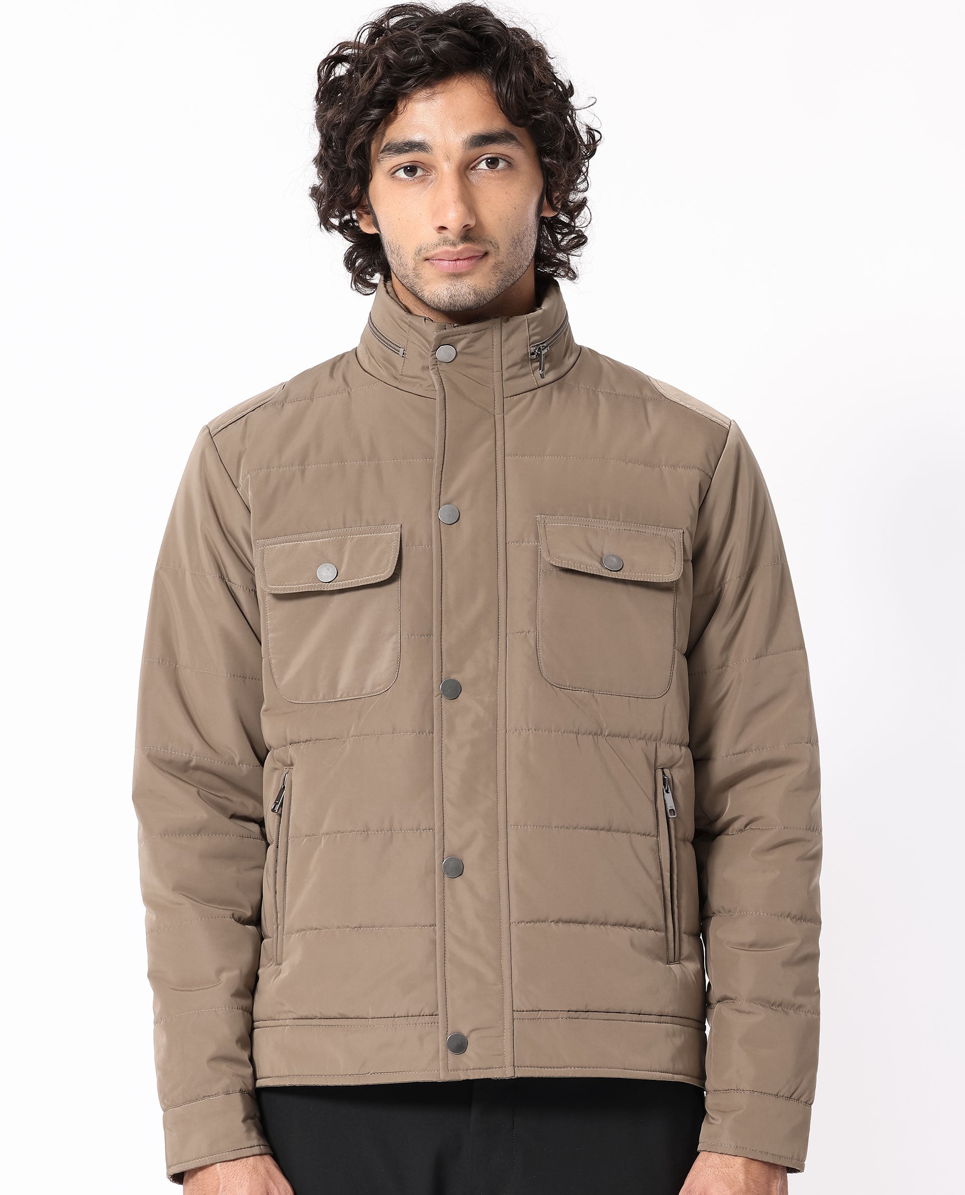 Rare Rabbit Men's Anbr Khaki Plain Quilted Utility Jacket