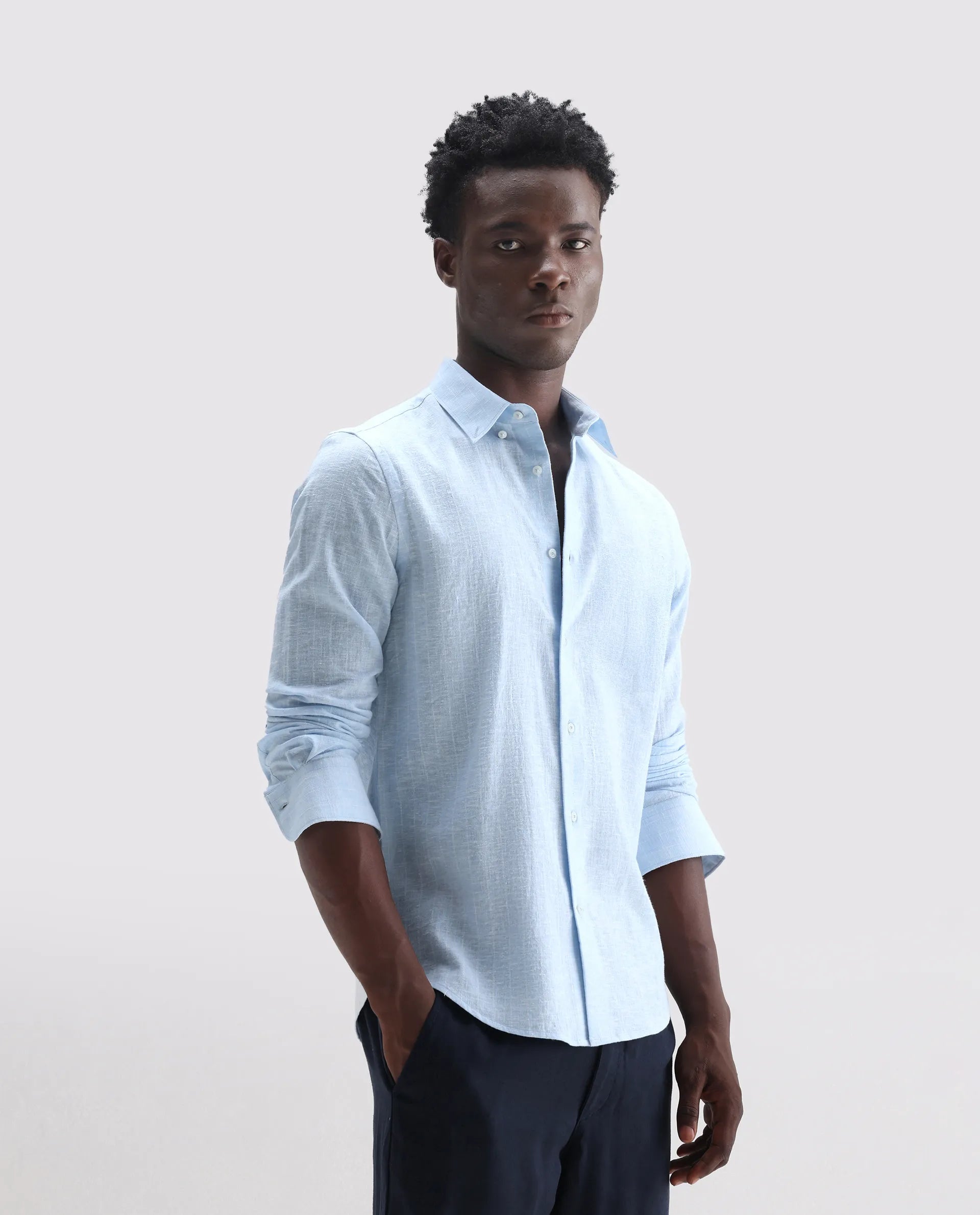 Rare Rabbit Men's Anders Light Blue 100% Linen Striped Print Regular Fit Full Sleeve Collared Shirt