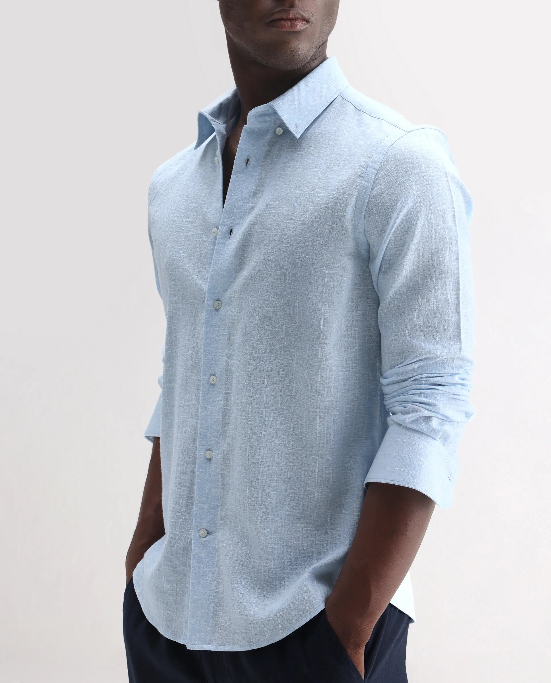 Rare Rabbit Men's Anders Light Blue 100% Linen Striped Print Regular Fit Full Sleeve Collared Shirt