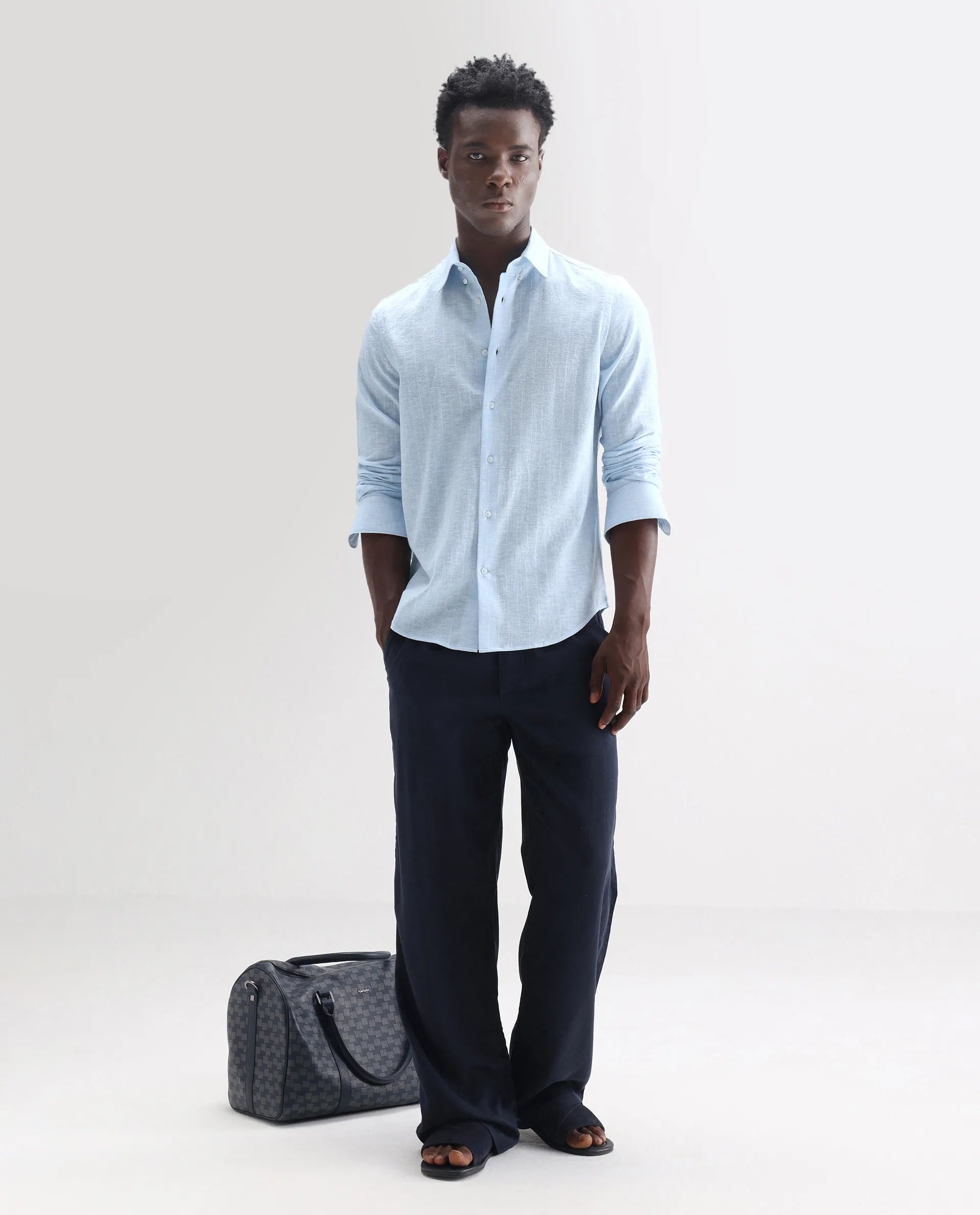 Rare Rabbit Men's Anders Light Blue 100% Linen Striped Print Regular Fit Full Sleeve Collared Shirt