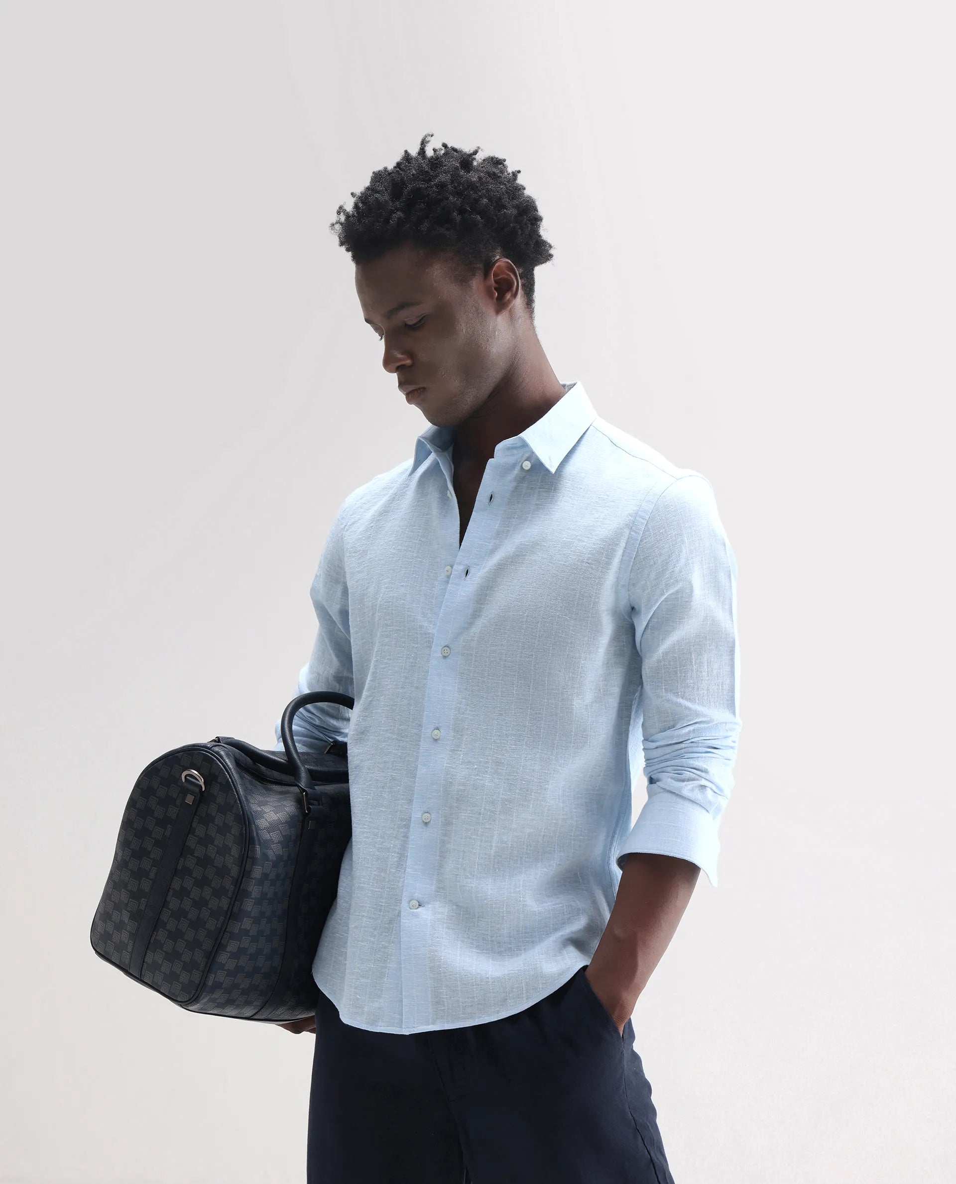 Rare Rabbit Men's Anders Light Blue 100% Linen Striped Print Regular Fit Full Sleeve Collared Shirt