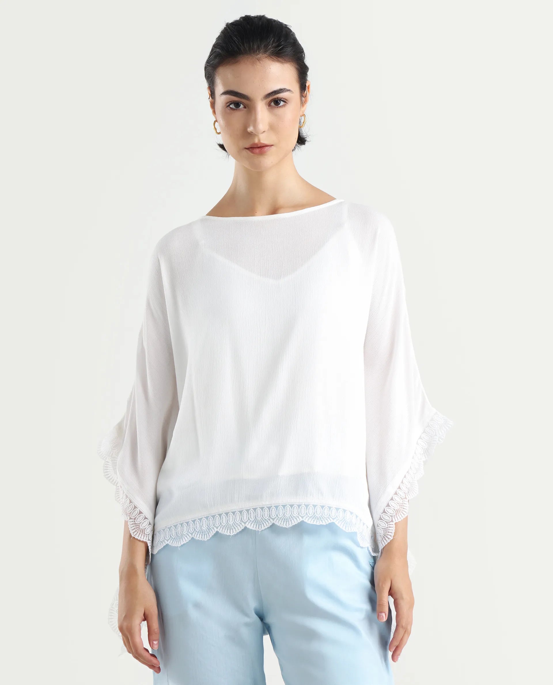 Rareism Women's Ancona White Rayon Boat Neck Plain Kimono Sleeve Relaxed Fit Top