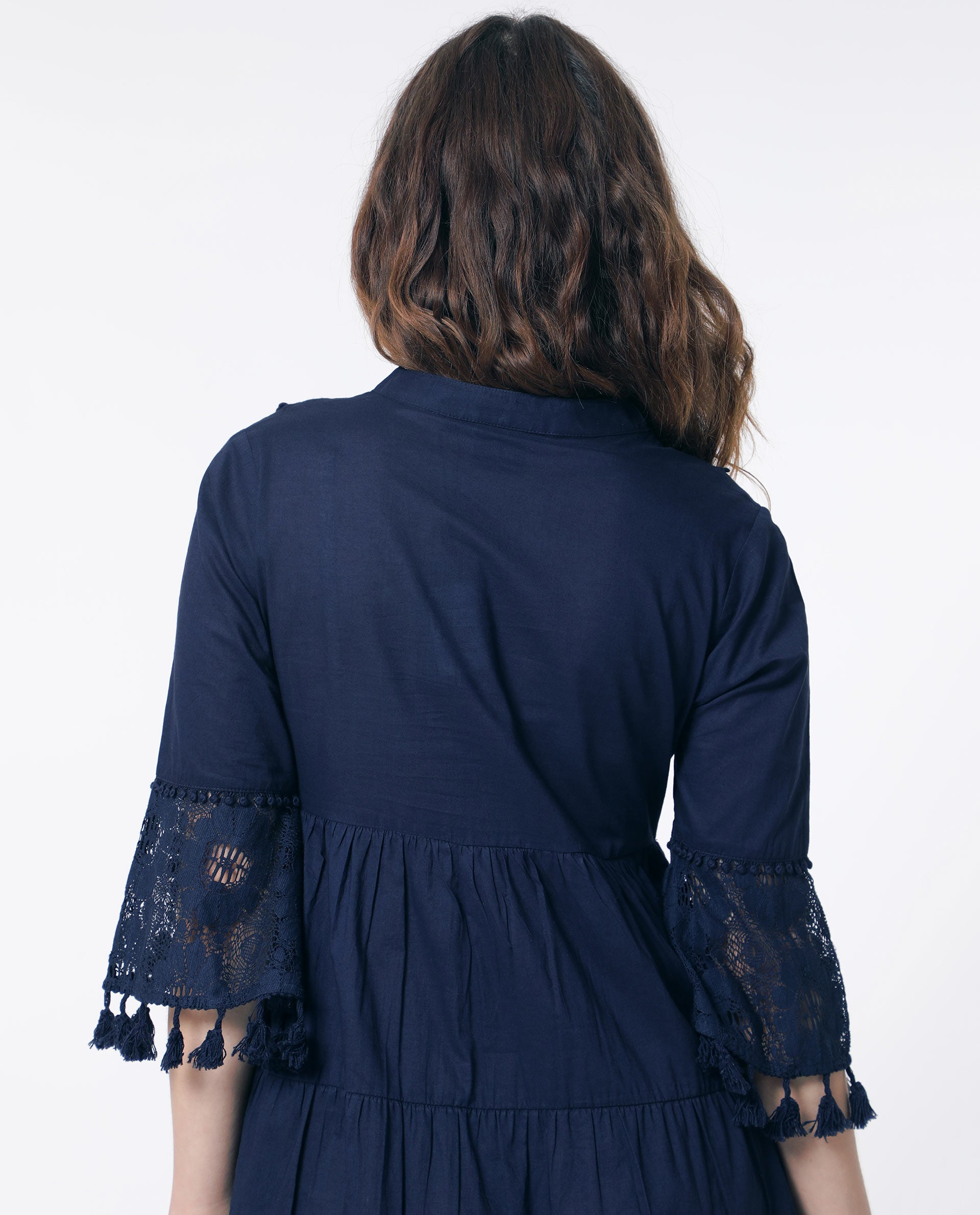 Rareism Women Andarin Navy Tie Up Neck Bell Sleeves Tassel Lace On Sleeve And Hem Mini Dress