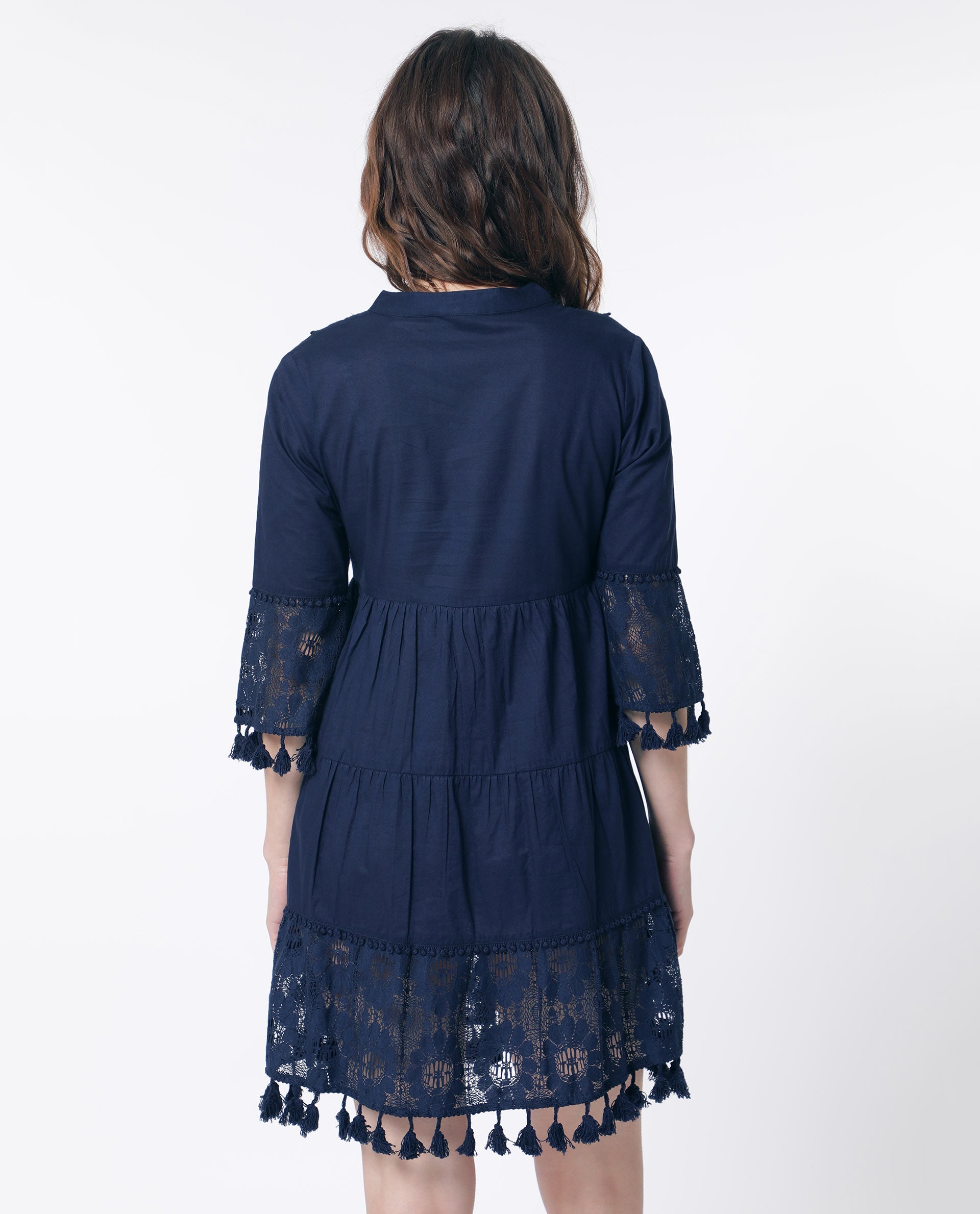 Rareism Women Andarin Navy Tie Up Neck Bell Sleeves Tassel Lace On Sleeve And Hem Mini Dress