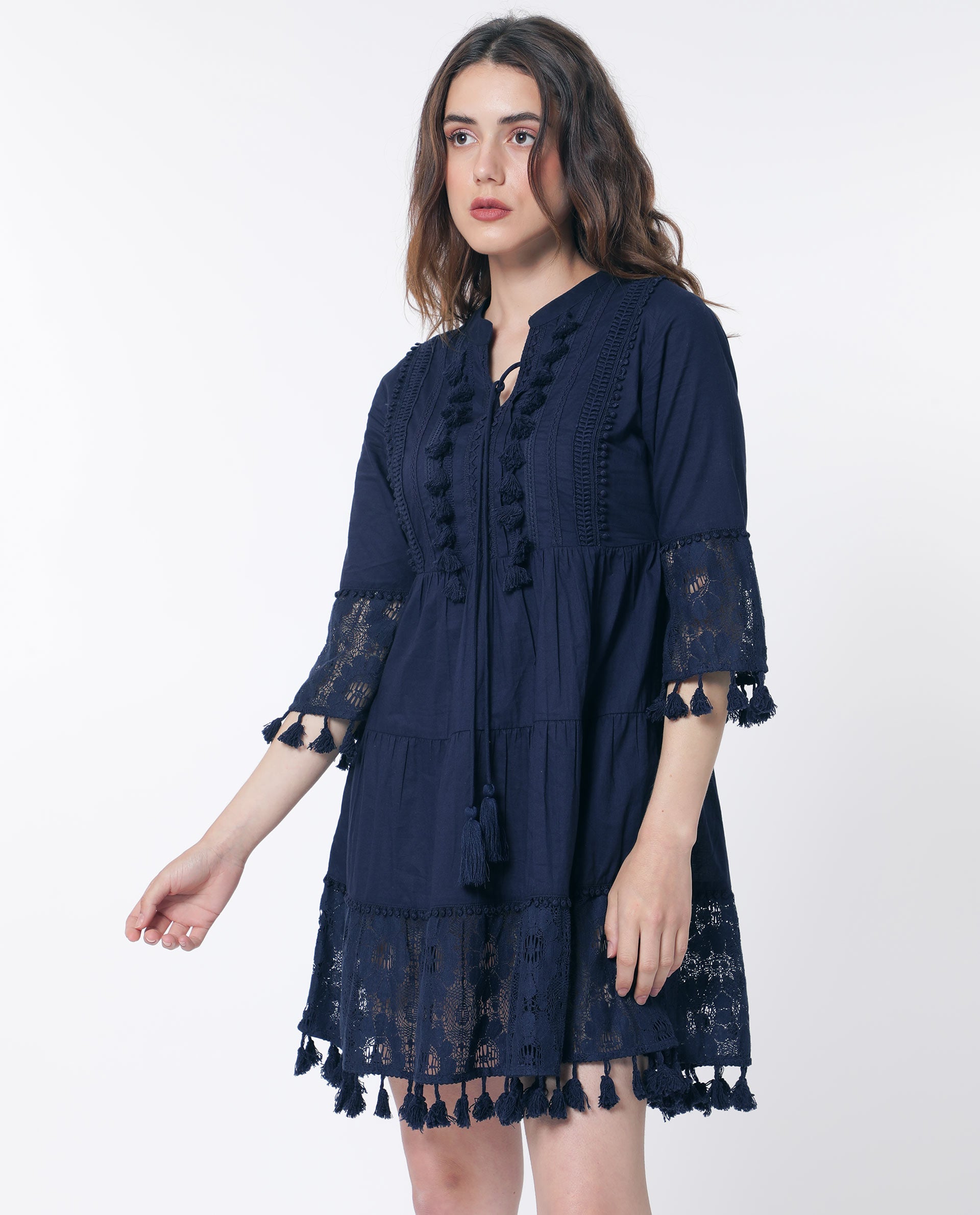 Rareism Women Andarin Navy Tie Up Neck Bell Sleeves Tassel Lace On Sleeve And Hem Mini Dress