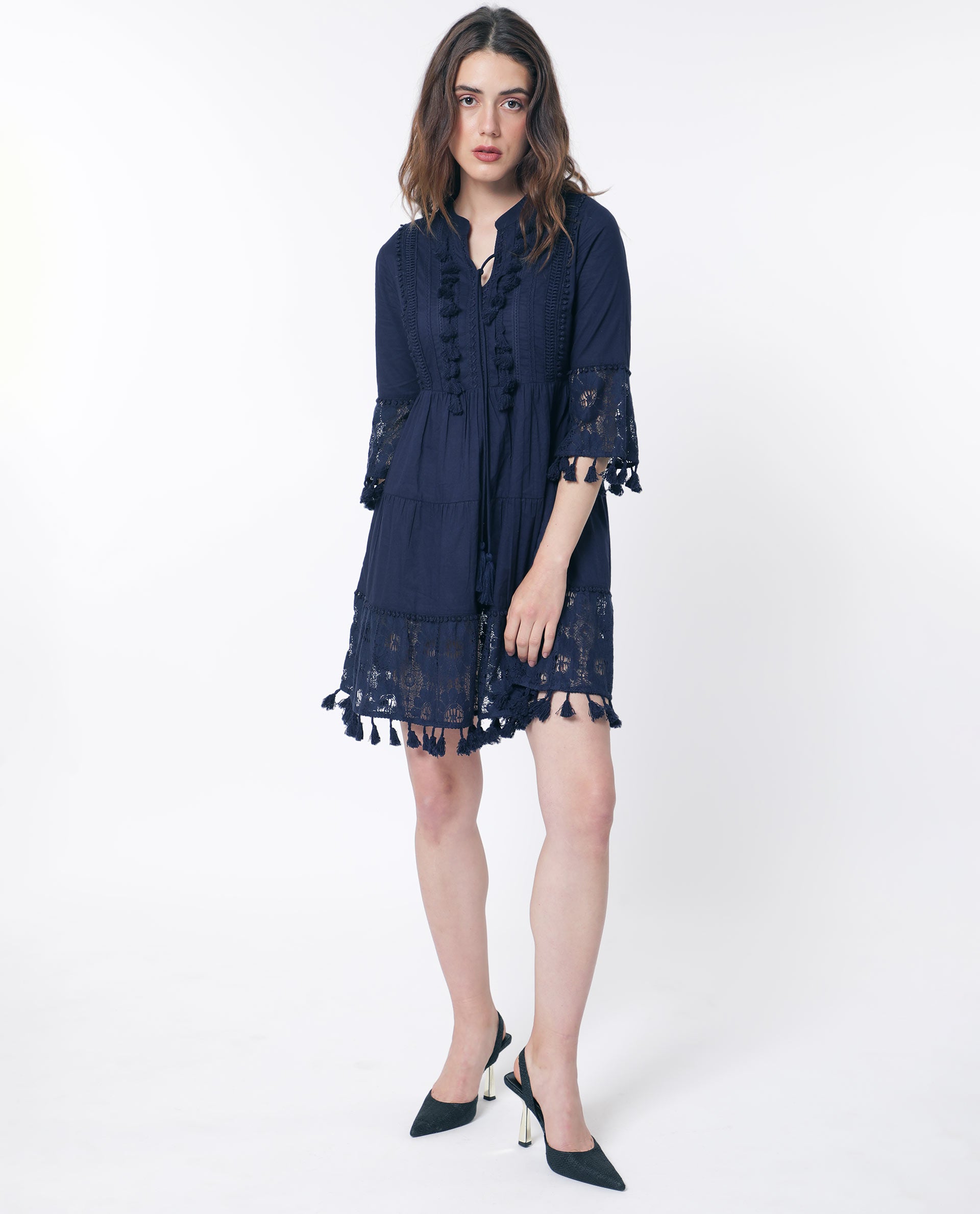 Rareism Women Andarin Navy Tie Up Neck Bell Sleeves Tassel Lace On Sleeve And Hem Mini Dress