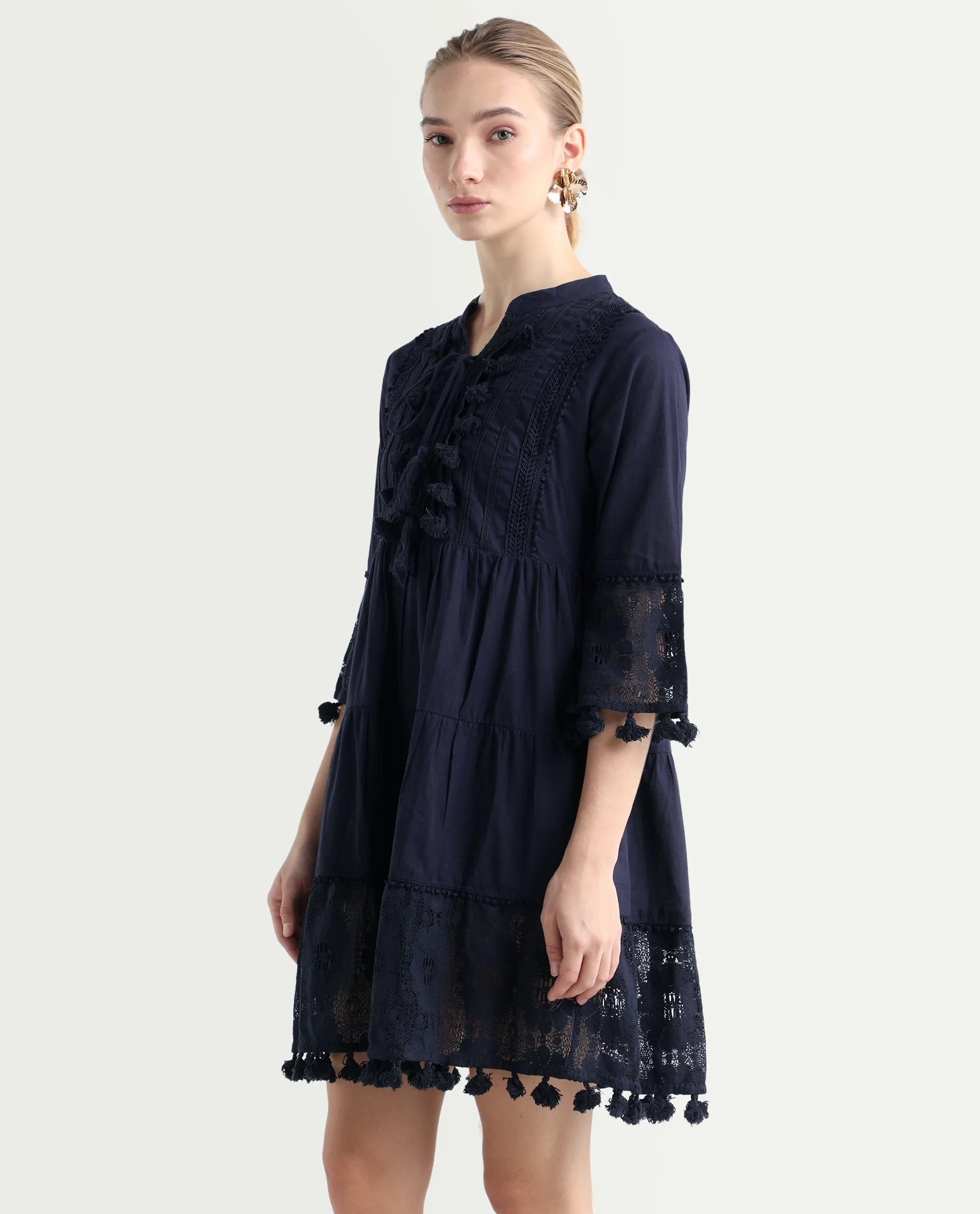 Rareism Women's Andarin Navy Cotton Tie-Up Neck Plain Bell Sleeve Knee Length Regular Fit Dress