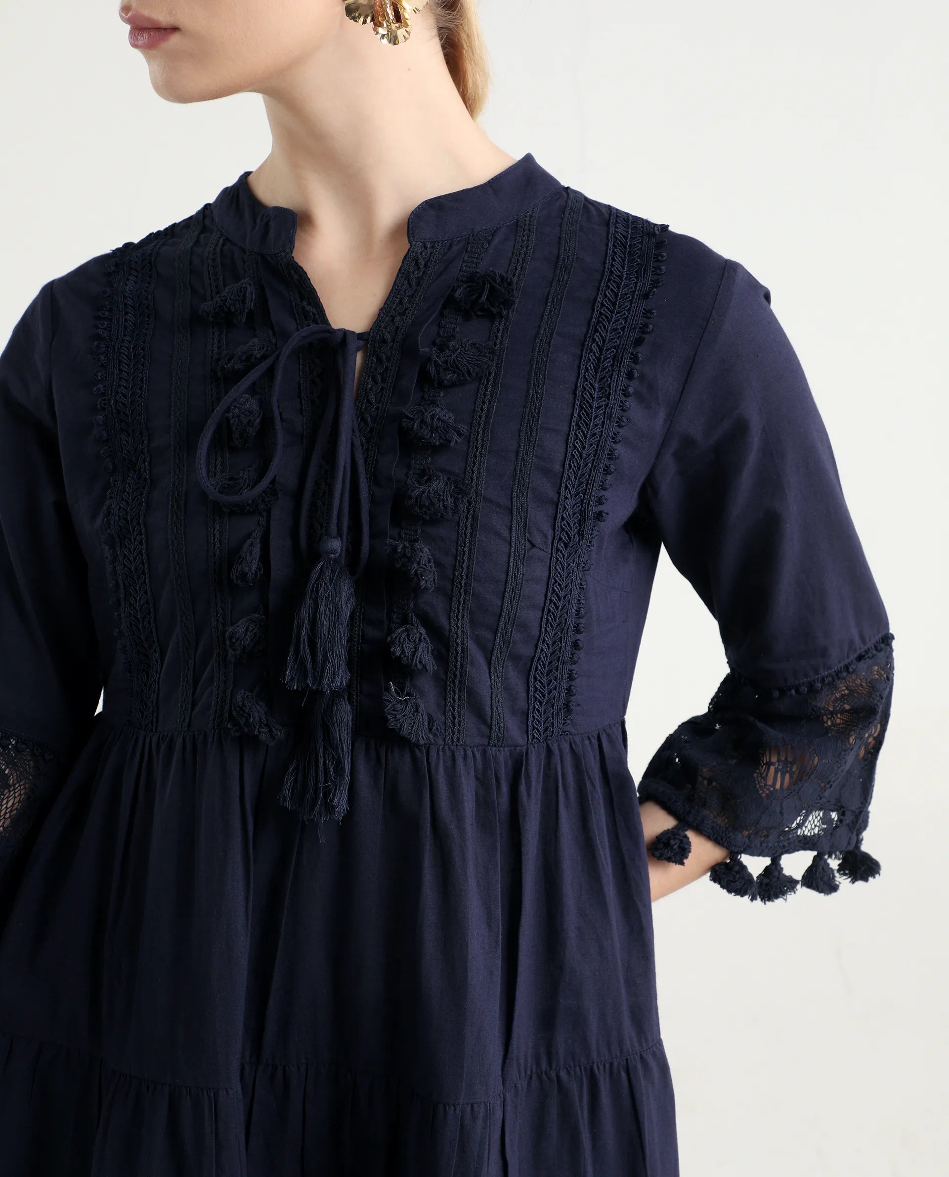 Rareism Women's Andarin Navy Cotton Tie-Up Neck Plain Bell Sleeve Knee Length Regular Fit Dress