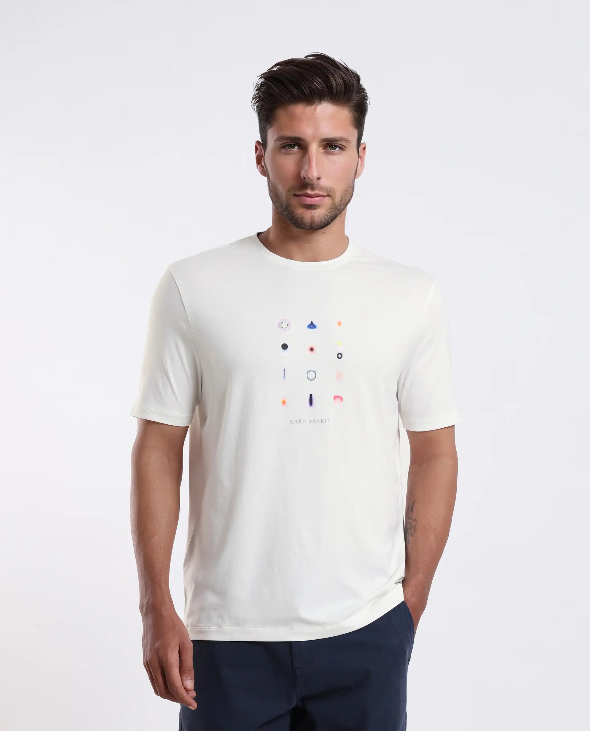 Rare Rabbit Men's Andem Off White Cotton Blend Graphic Print Regular Fit Half Sleeve Crew Neck T-Shirt