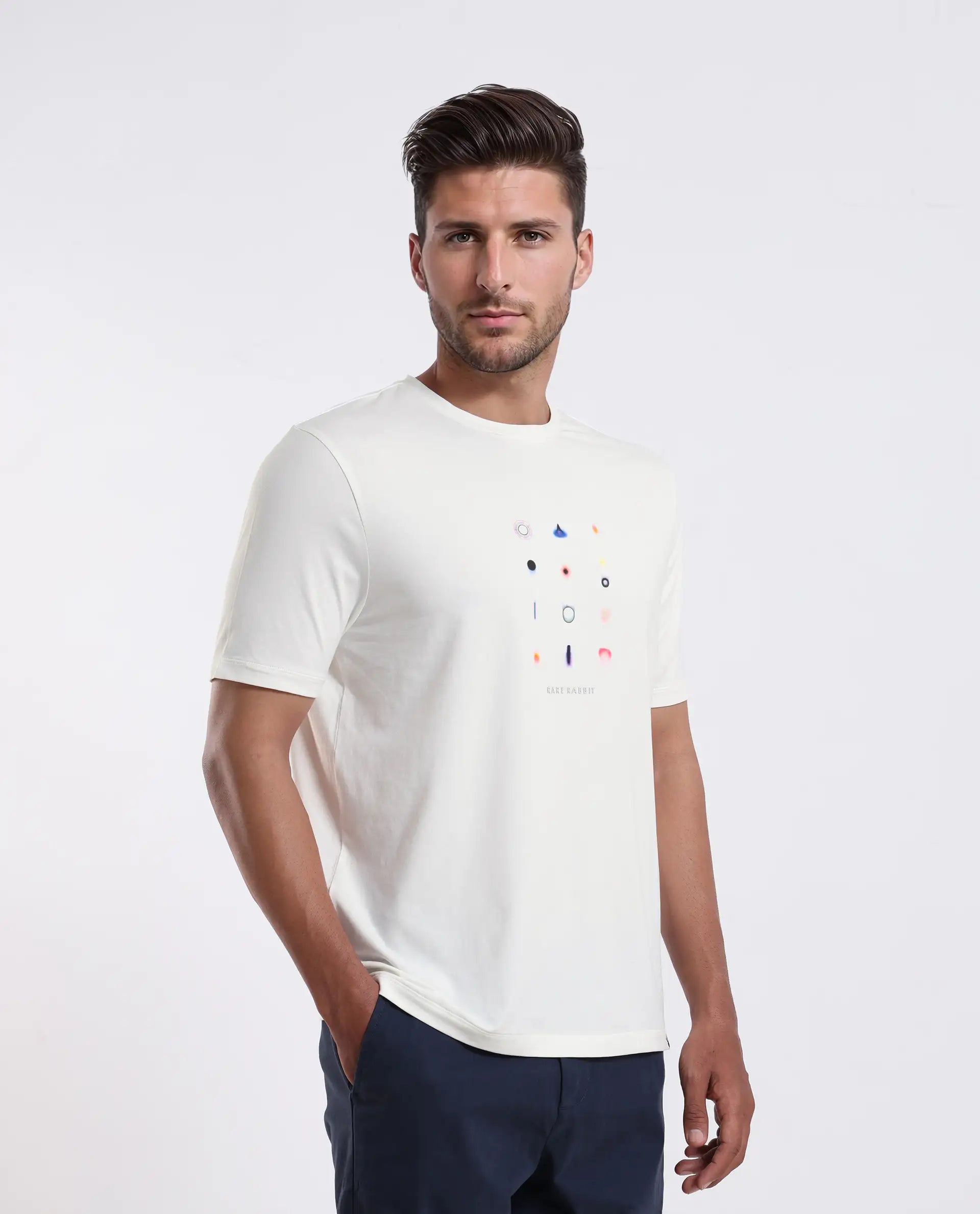Rare Rabbit Men's Andem Off White Cotton Blend Graphic Print Regular Fit Half Sleeve Crew Neck T-Shirt