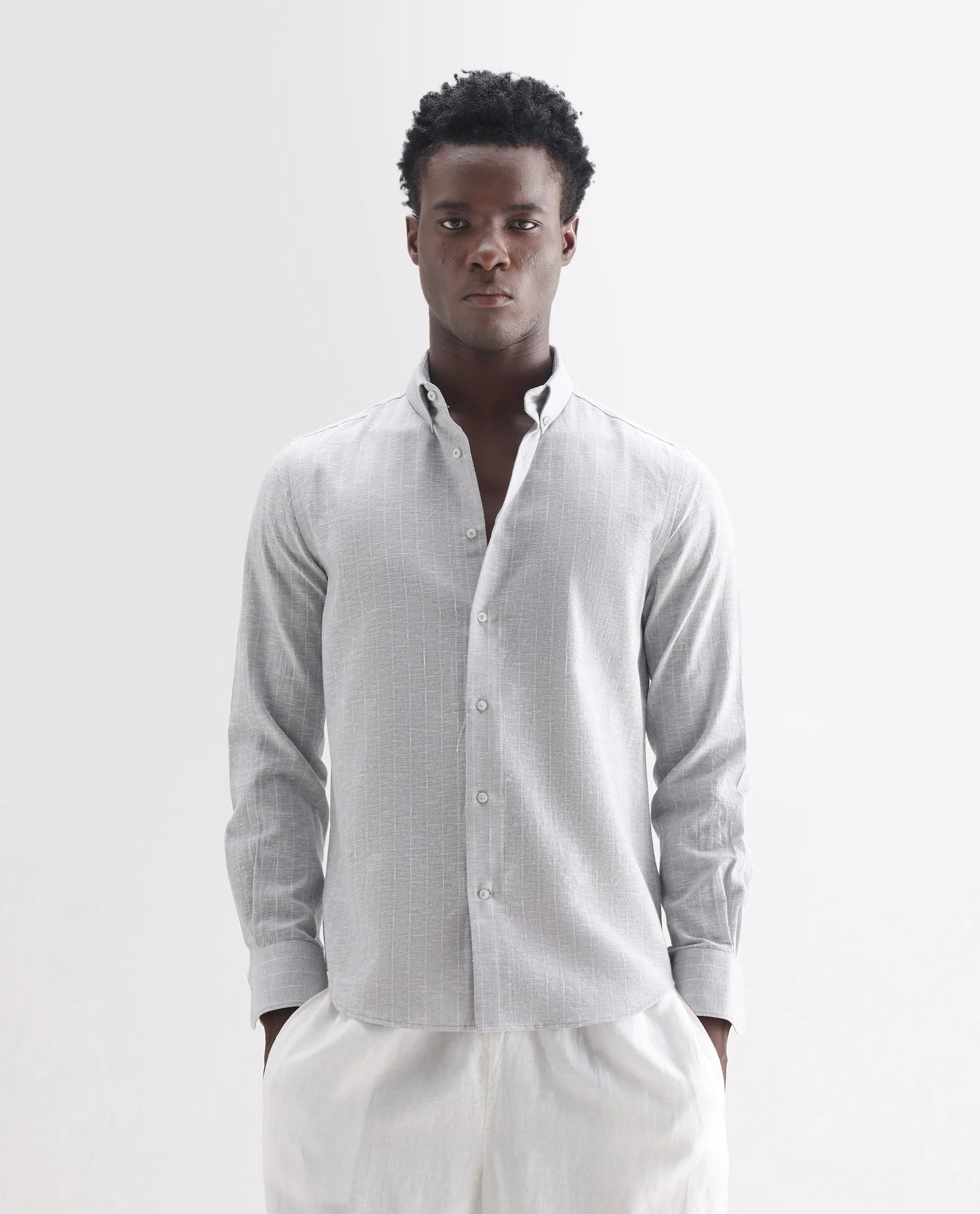 Rare Rabbit Men's Anders Light Grey 100% Linen Striped Print Regular Fit Full Sleeve Collared Shirt