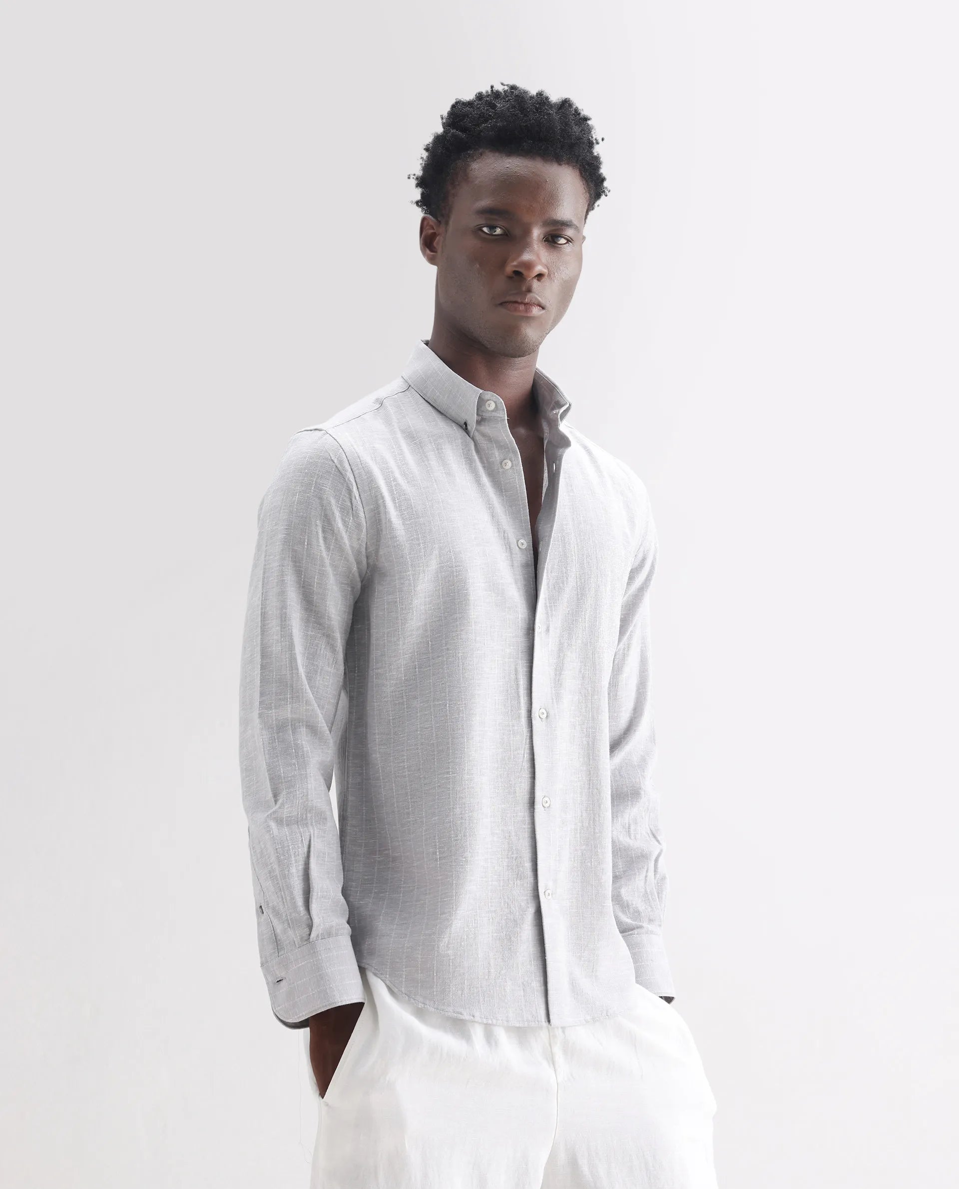 Rare Rabbit Men's Anders Light Grey 100% Linen Striped Print Regular Fit Full Sleeve Collared Shirt